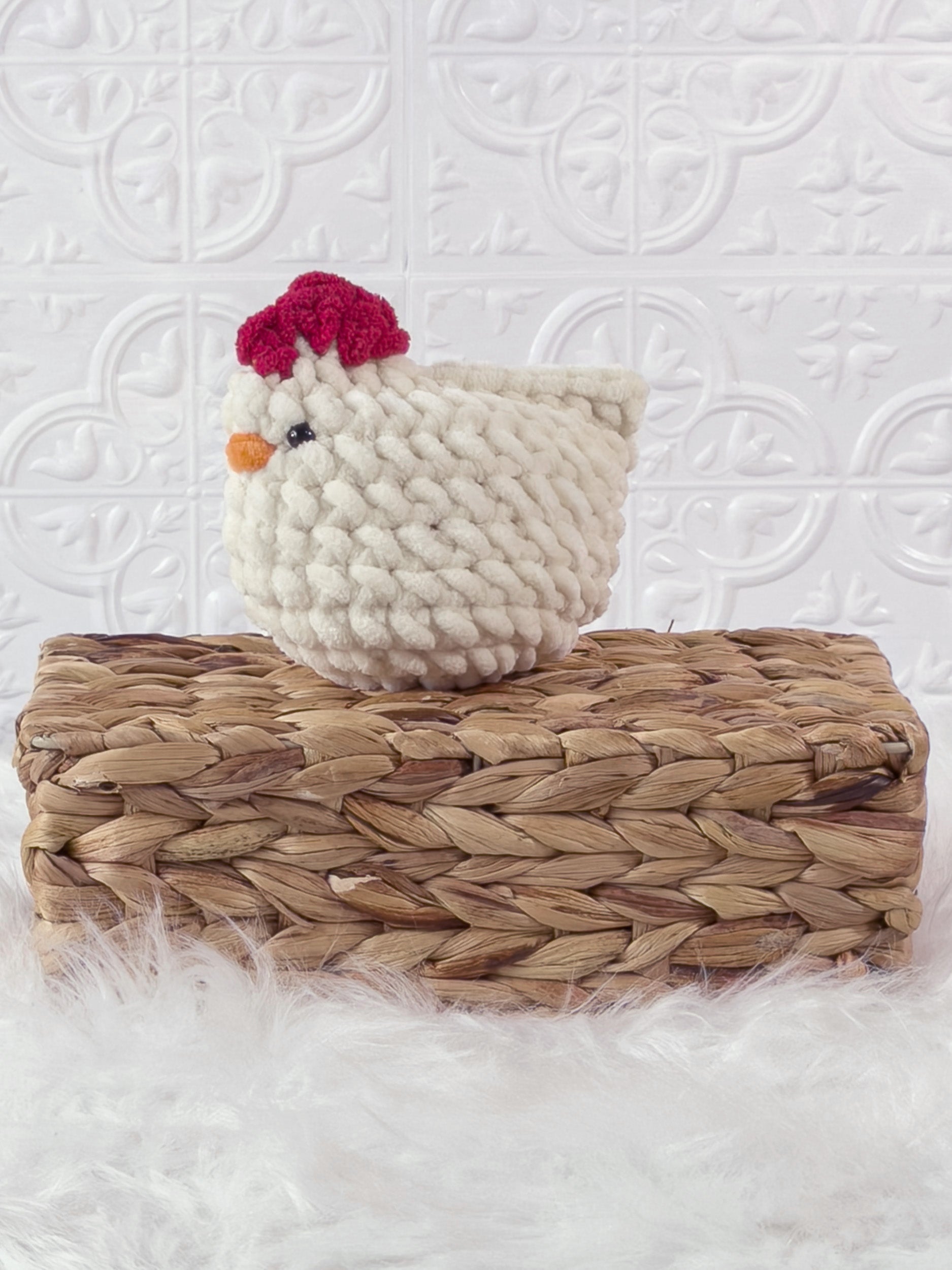 Handmade chicken crochet plushie shown from the front