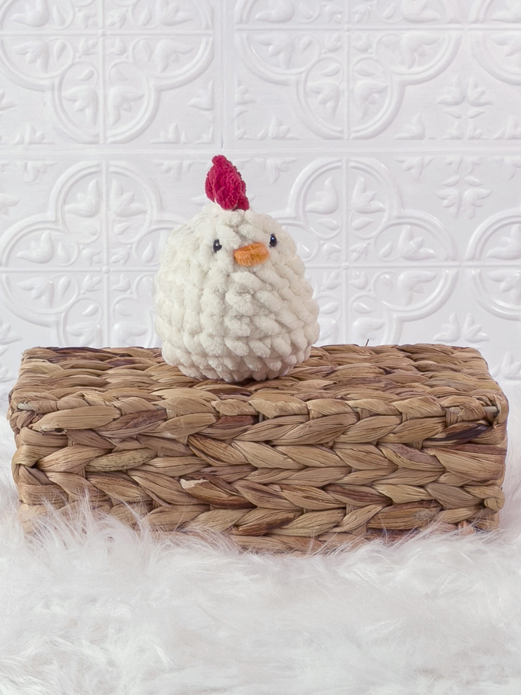 Handmade cream, light chicken crochet plushie shown from the front