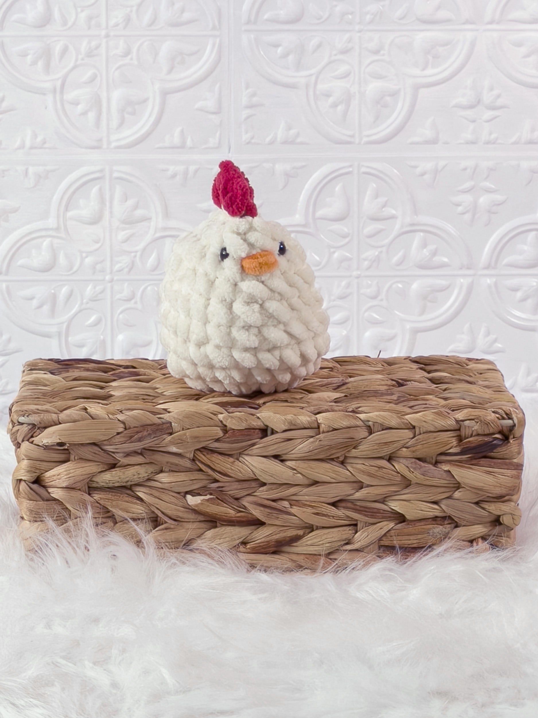 Handmade cream, light chicken crochet plushie shown from the front