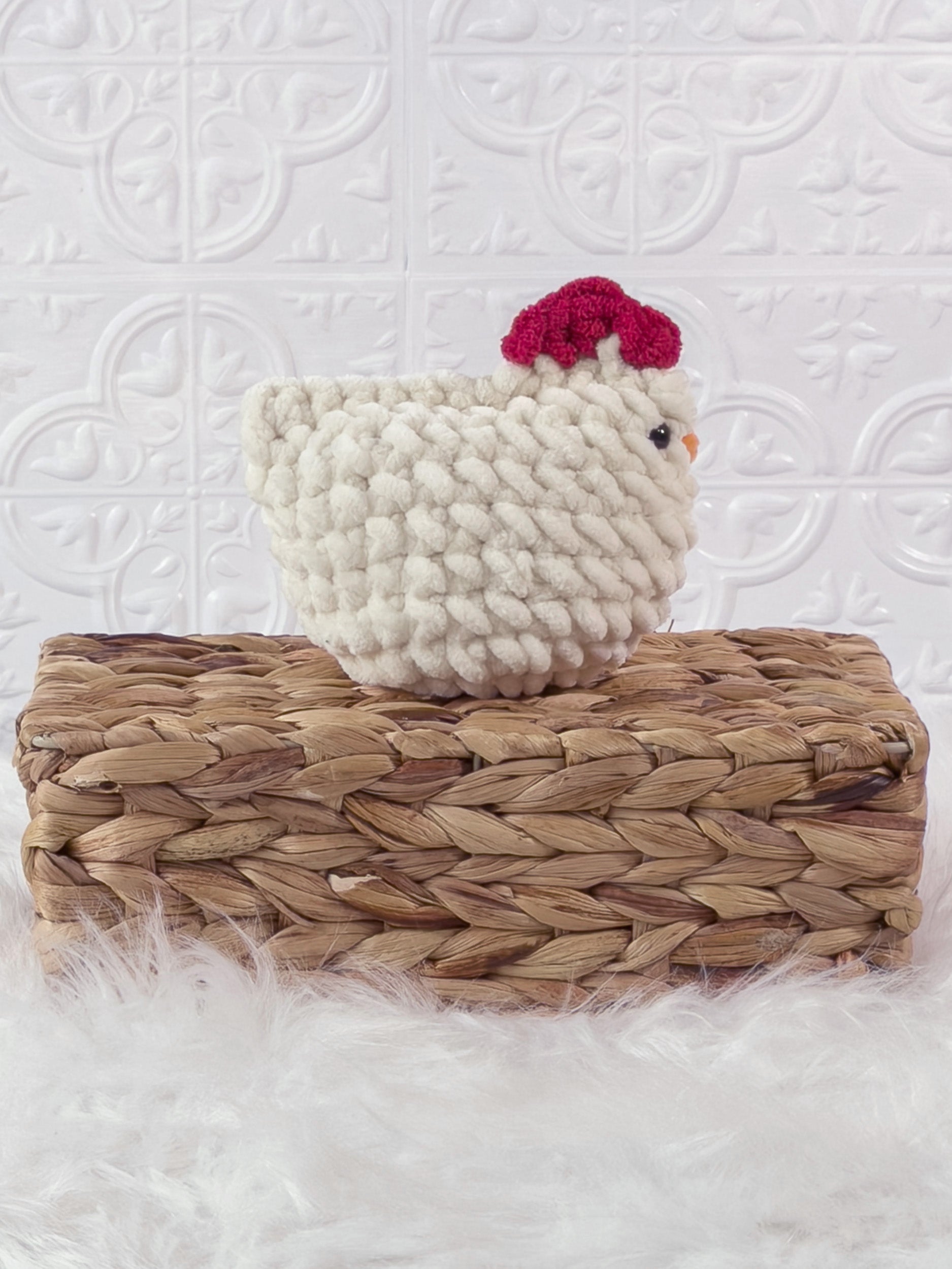 Handmade cream, light chicken crochet plushie shown from the side