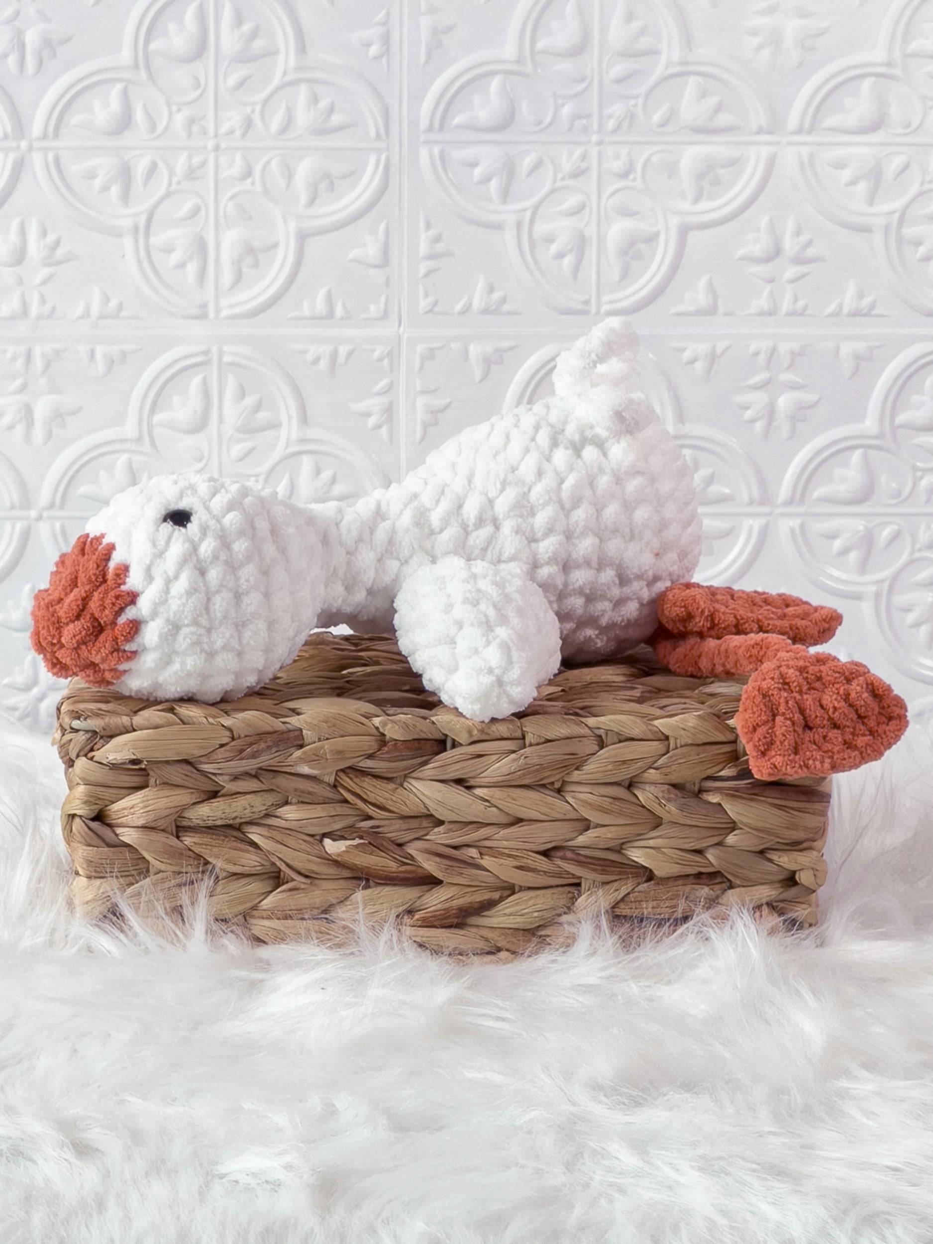 Handmade silly goose crochet plushie with a whimsical exaggerated design