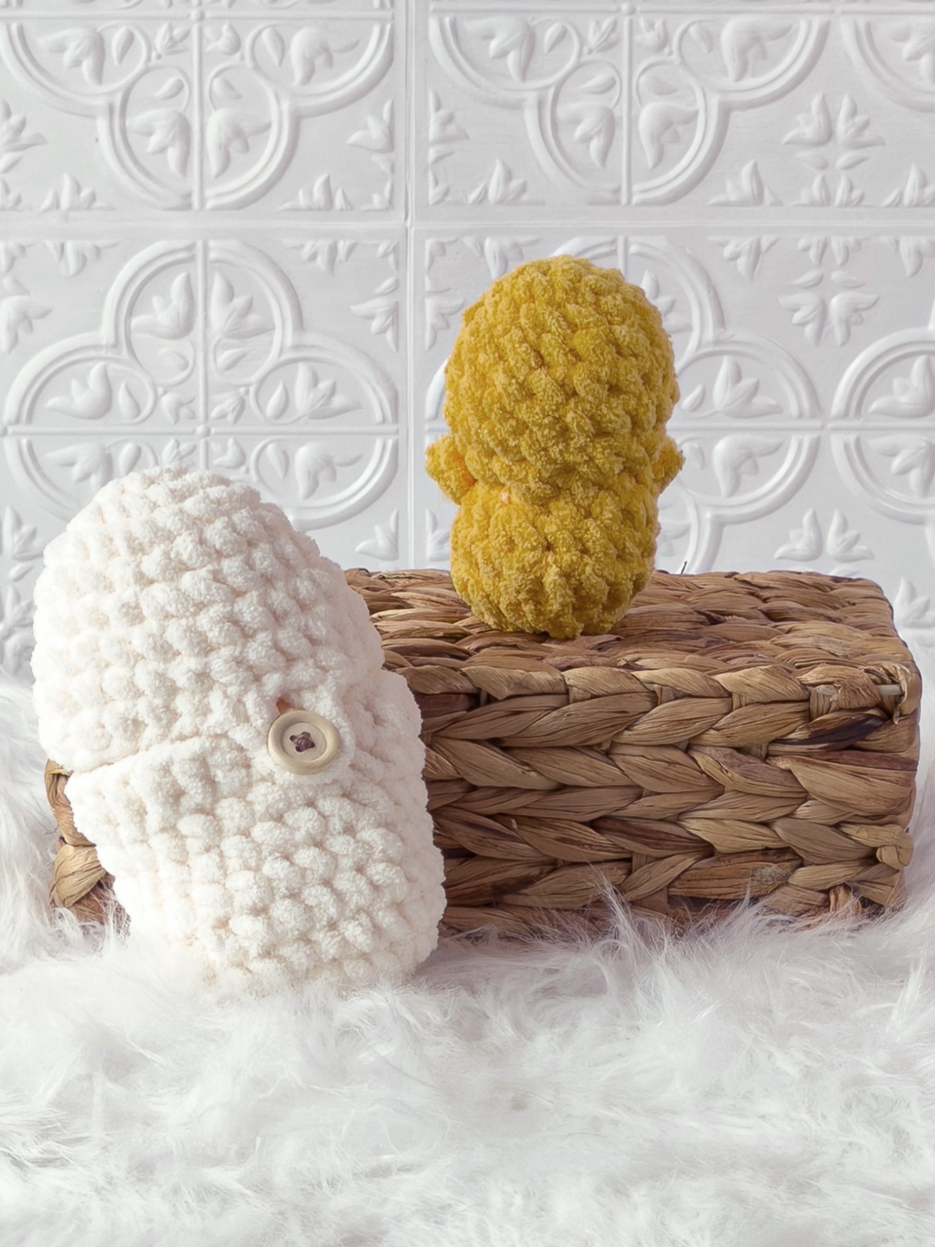 Handmade cream, yellow peek a boo chick in egg crochet plushie shown from the back