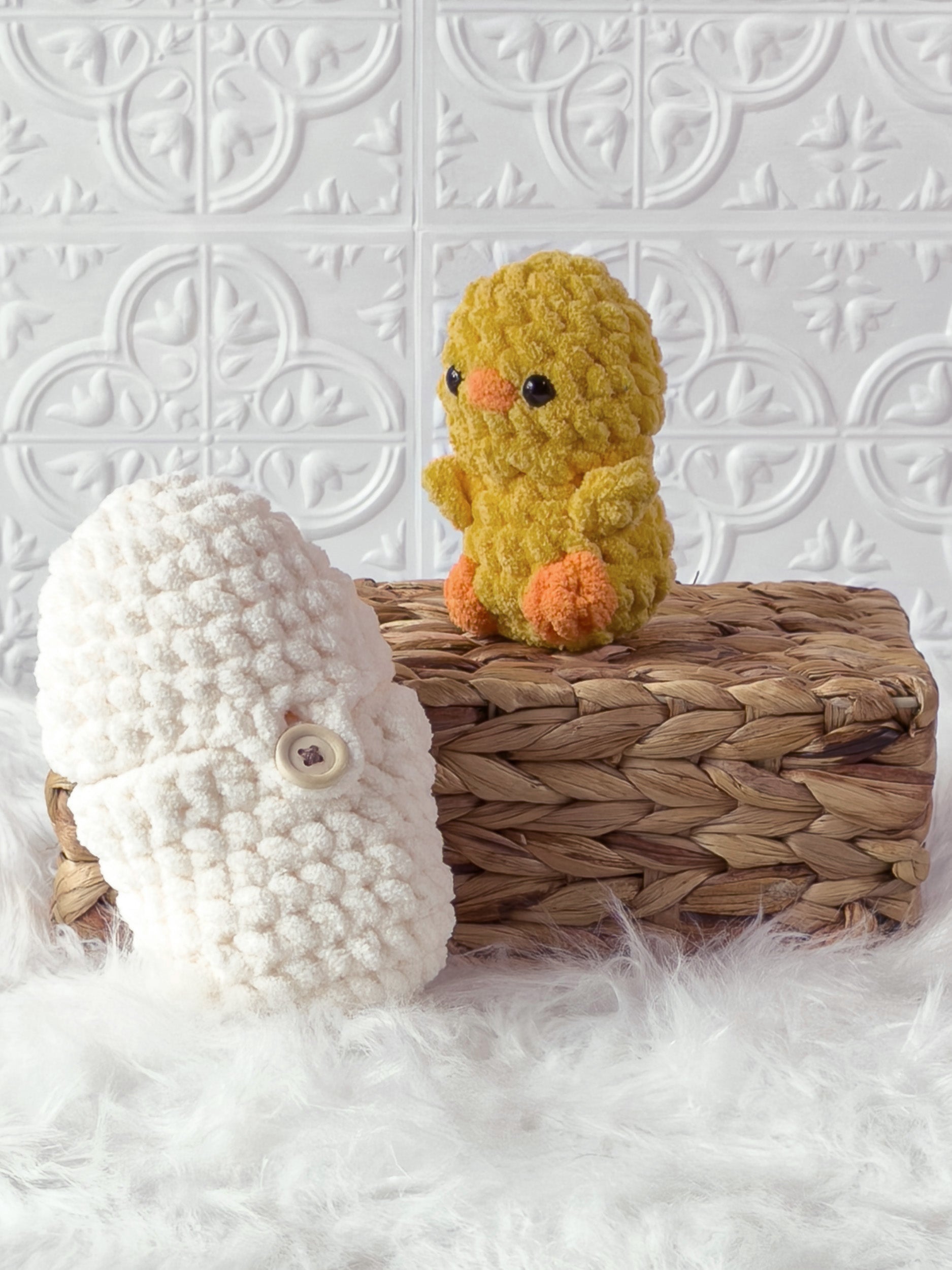 Handmade peek-a-boo chick crochet plushie inside a crochet egg