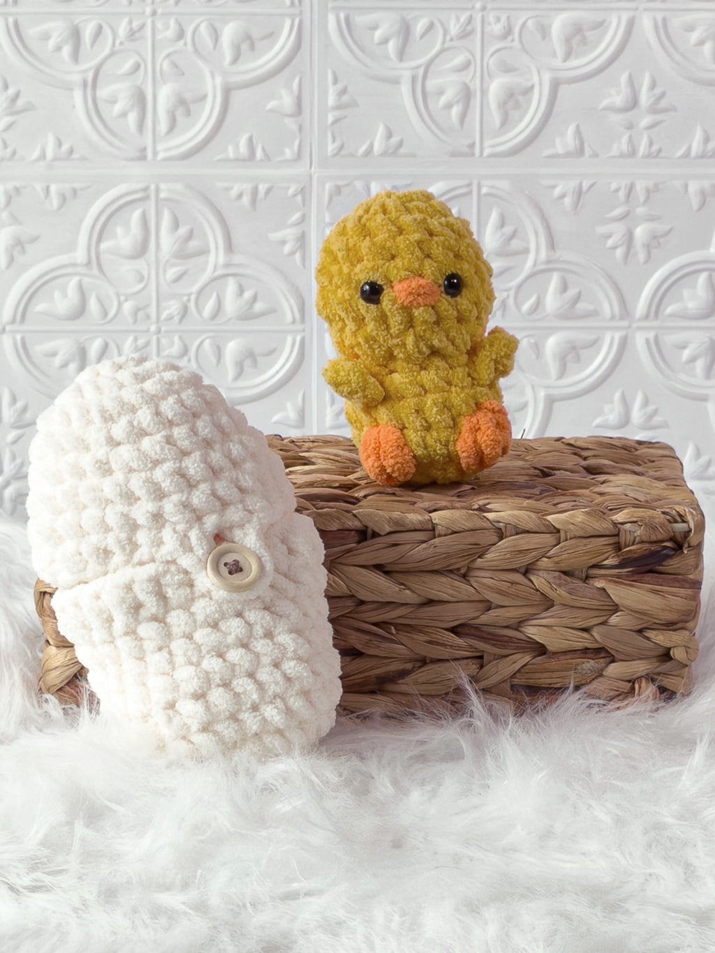 Handmade cream, yellow peek a boo chick in egg crochet plushie shown from the front