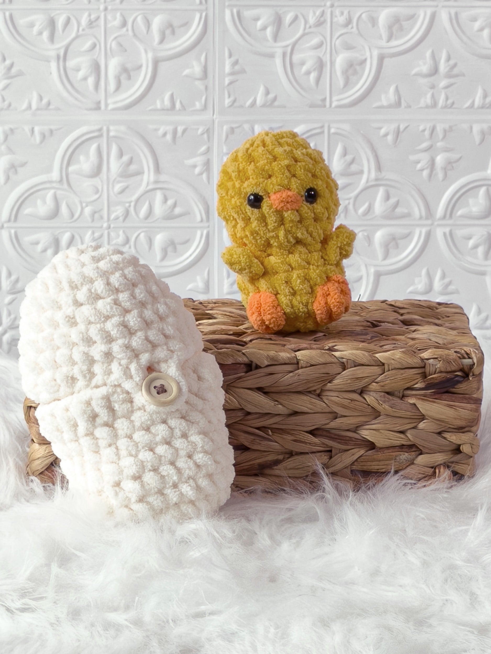 Handmade cream, yellow peek a boo chick in egg crochet plushie shown from the front