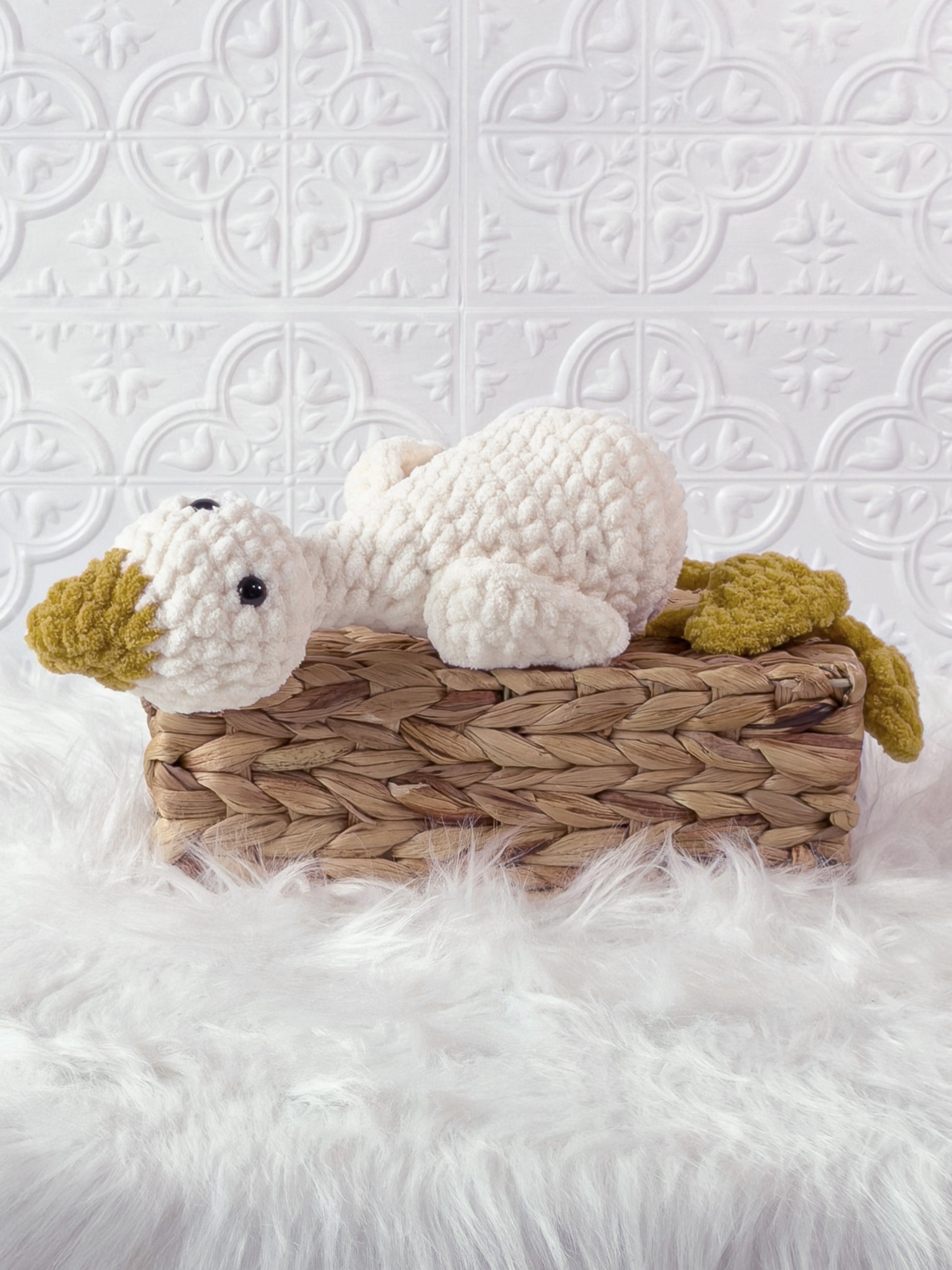 Handmade silly goose crochet plushie with a whimsical exaggerated design