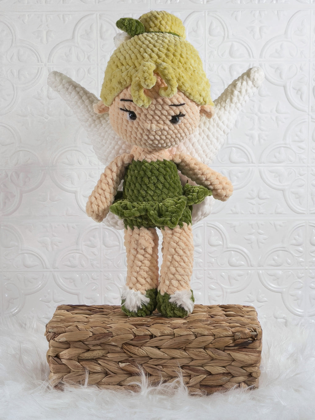 Handmade green fairy crochet plushie shown in a product image