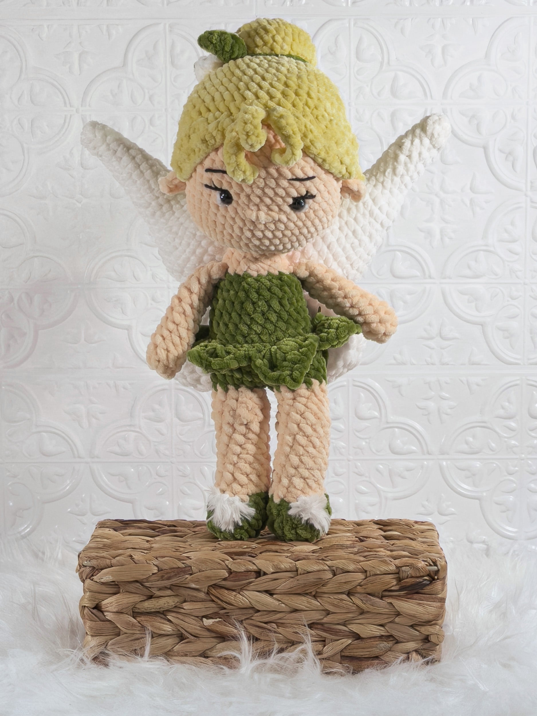 Handmade green fairy crochet plushie shown in a product image
