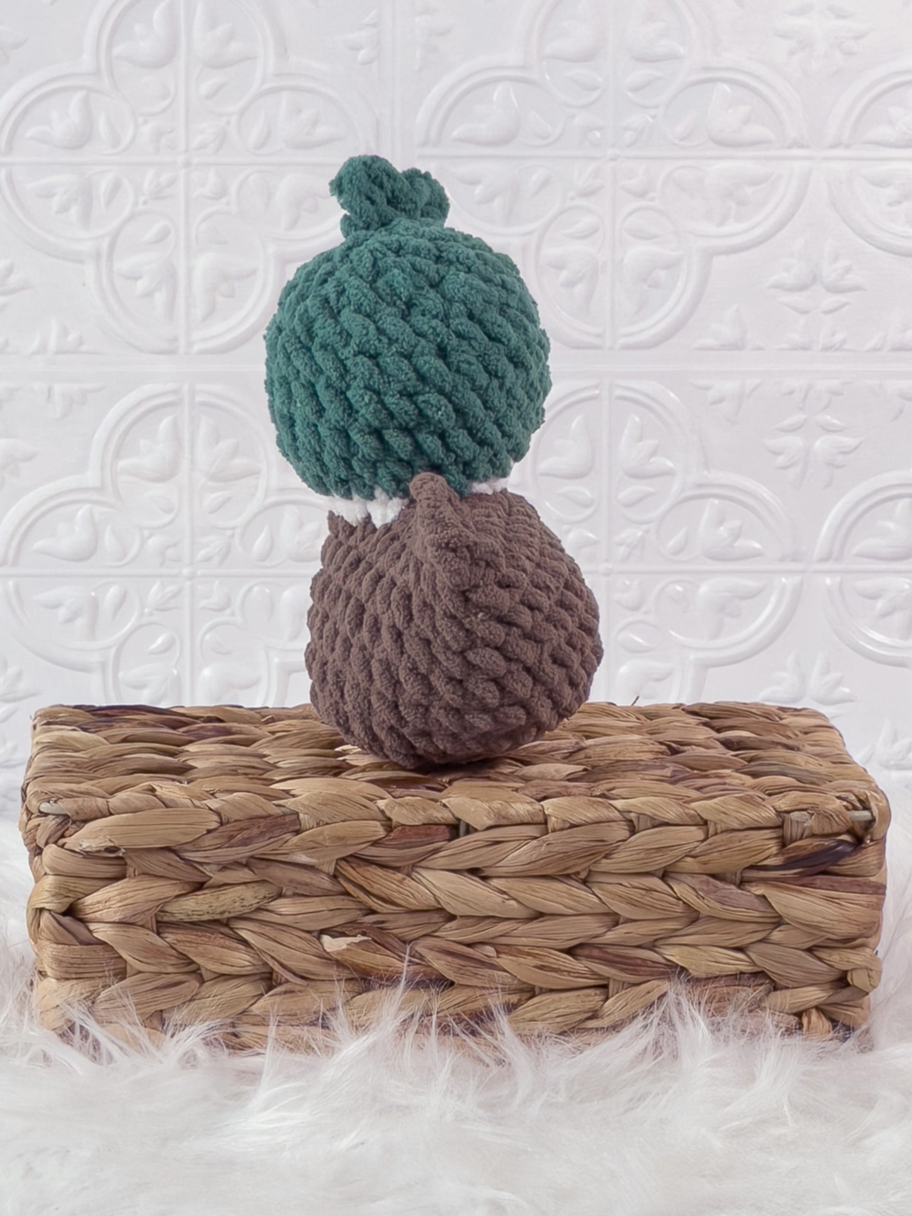 Handmade green mallard rubber duck crochet plushie shown from the back