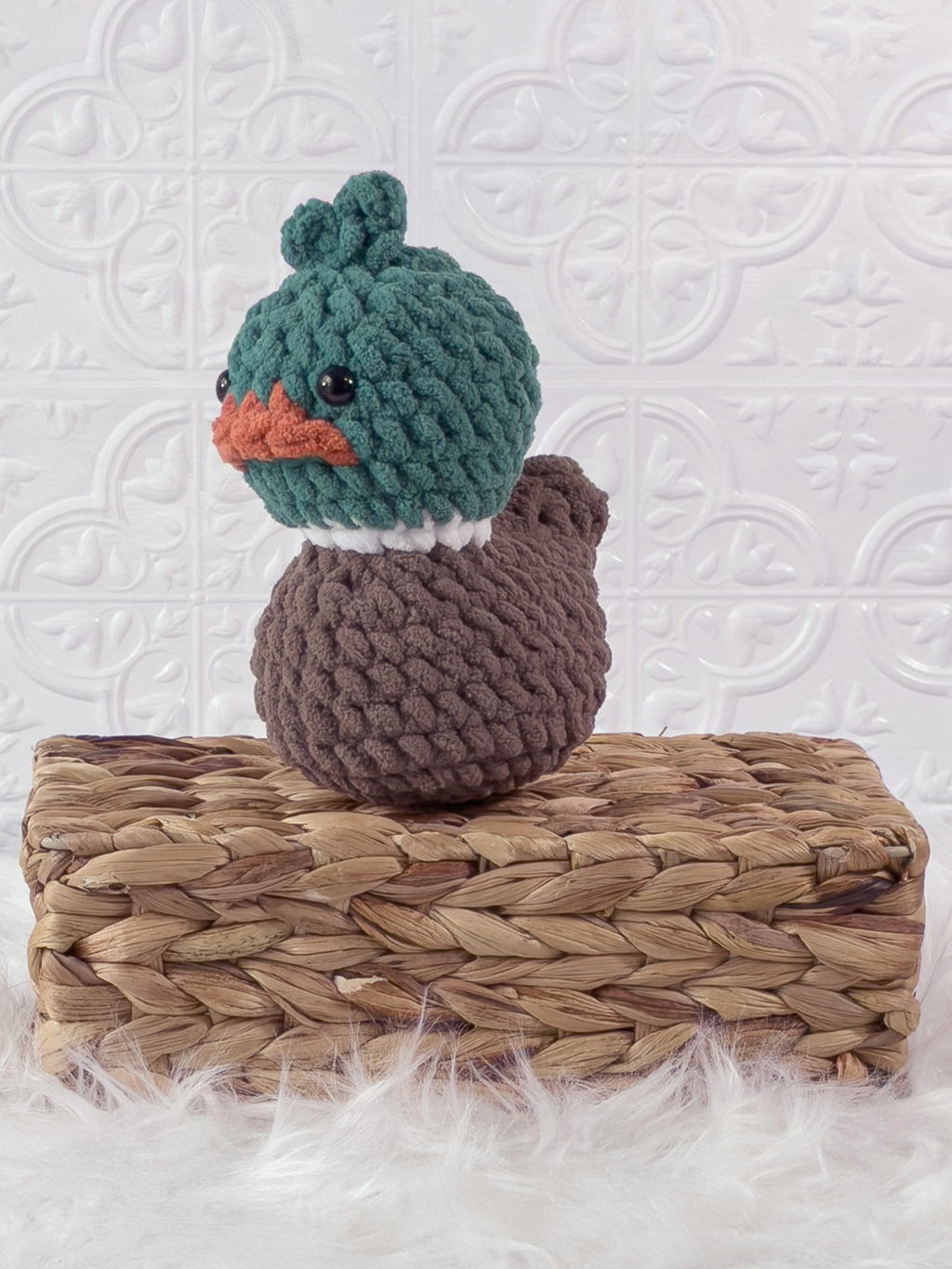 Handmade mallard rubber duck crochet plushie with duck-inspired details