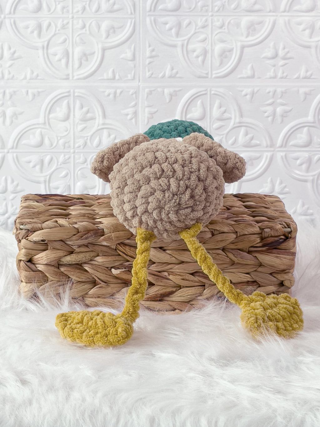 Handmade green silly mallard crochet plushie shown from the back