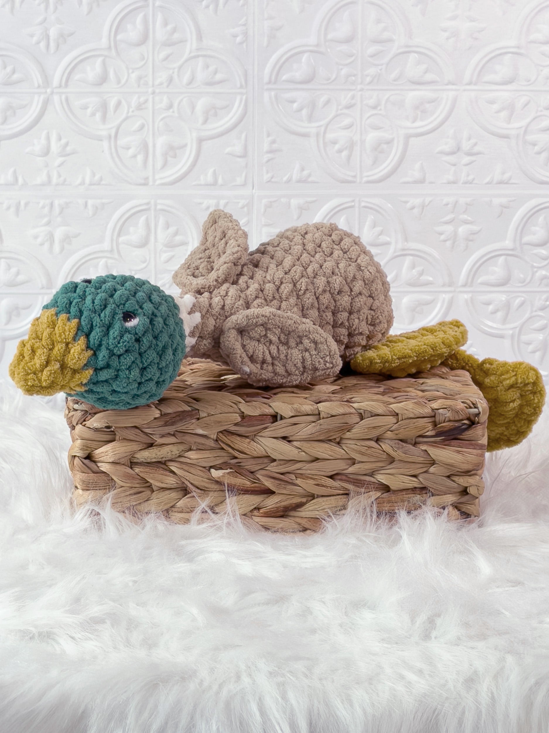 Handmade silly mallard crochet plushie with a whimsical exaggerated design
