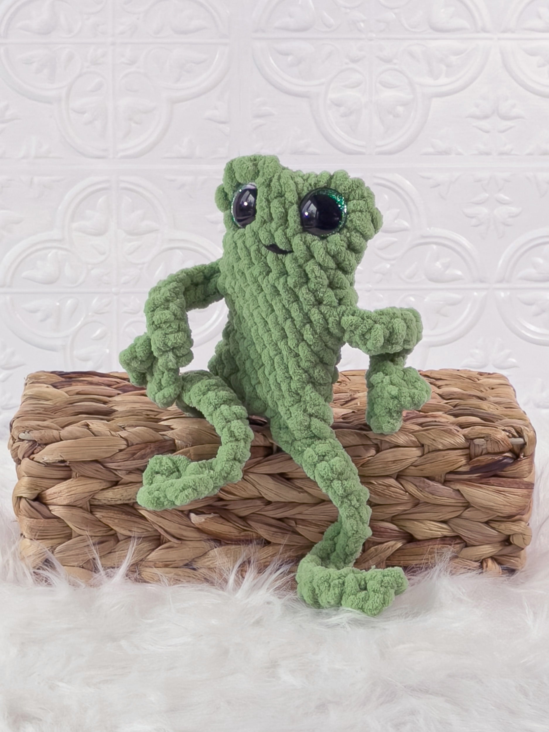 Handmade leggy froggy crochet plushie with long floppy legs