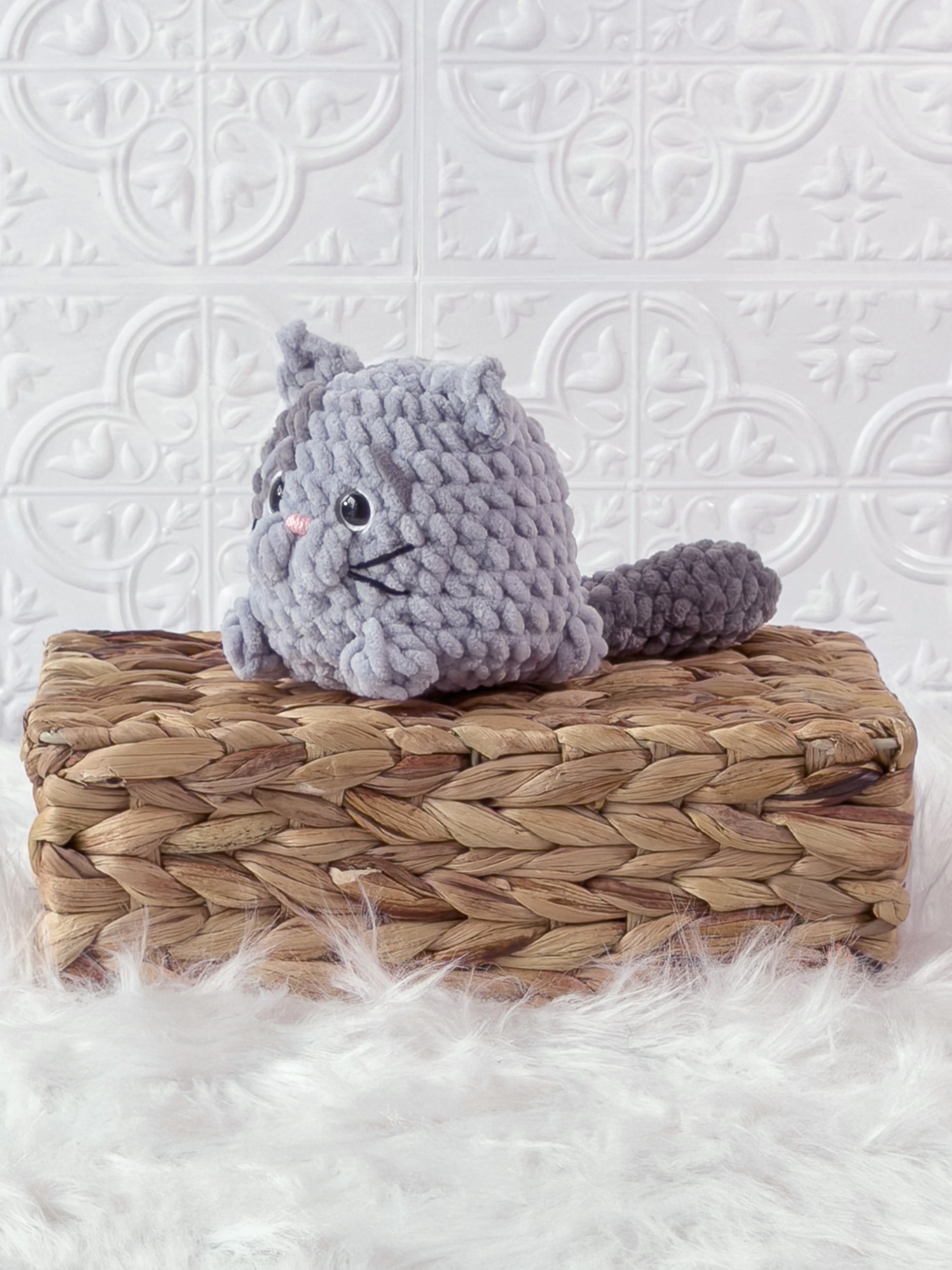 Handmade kitten crochet plushie shown from the front