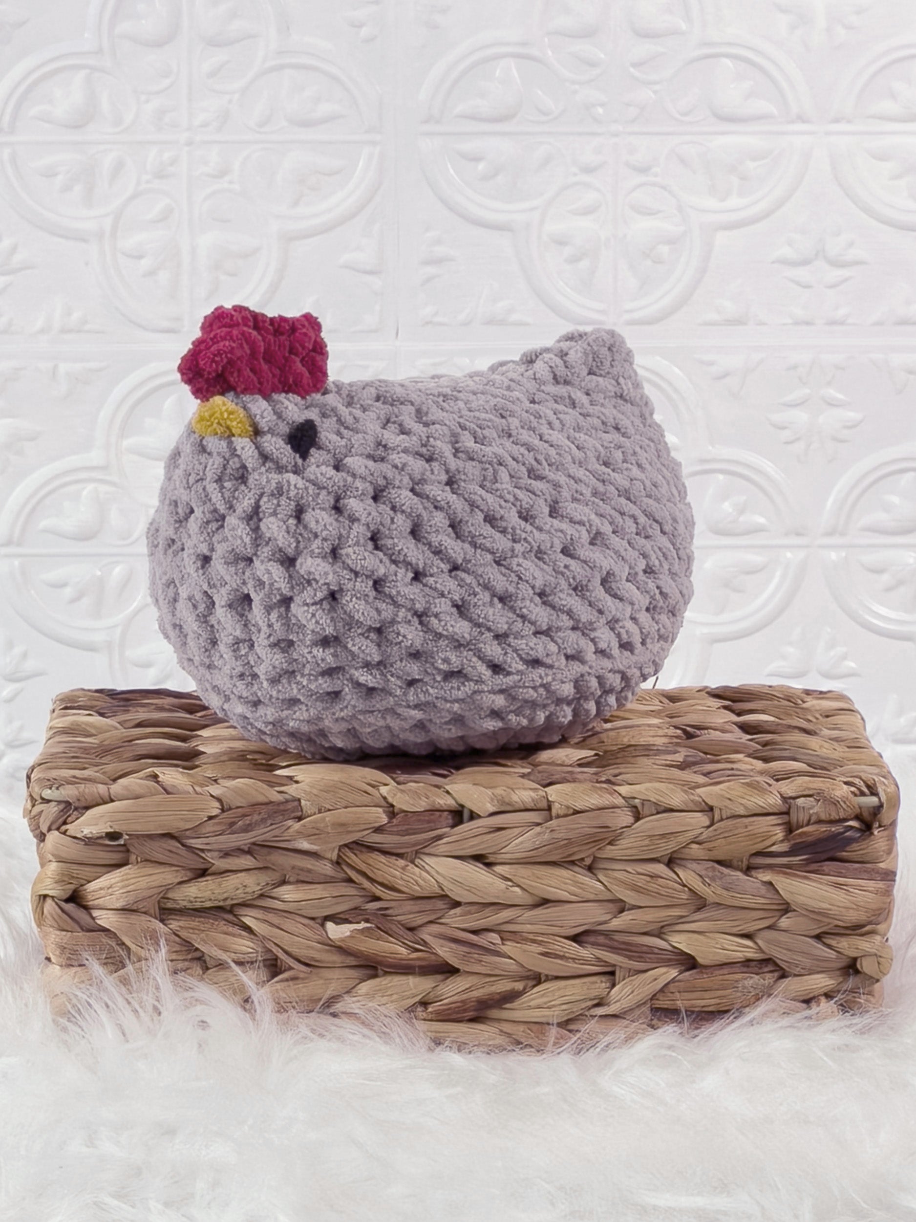 Handmade chicken crochet plushie shown from the front