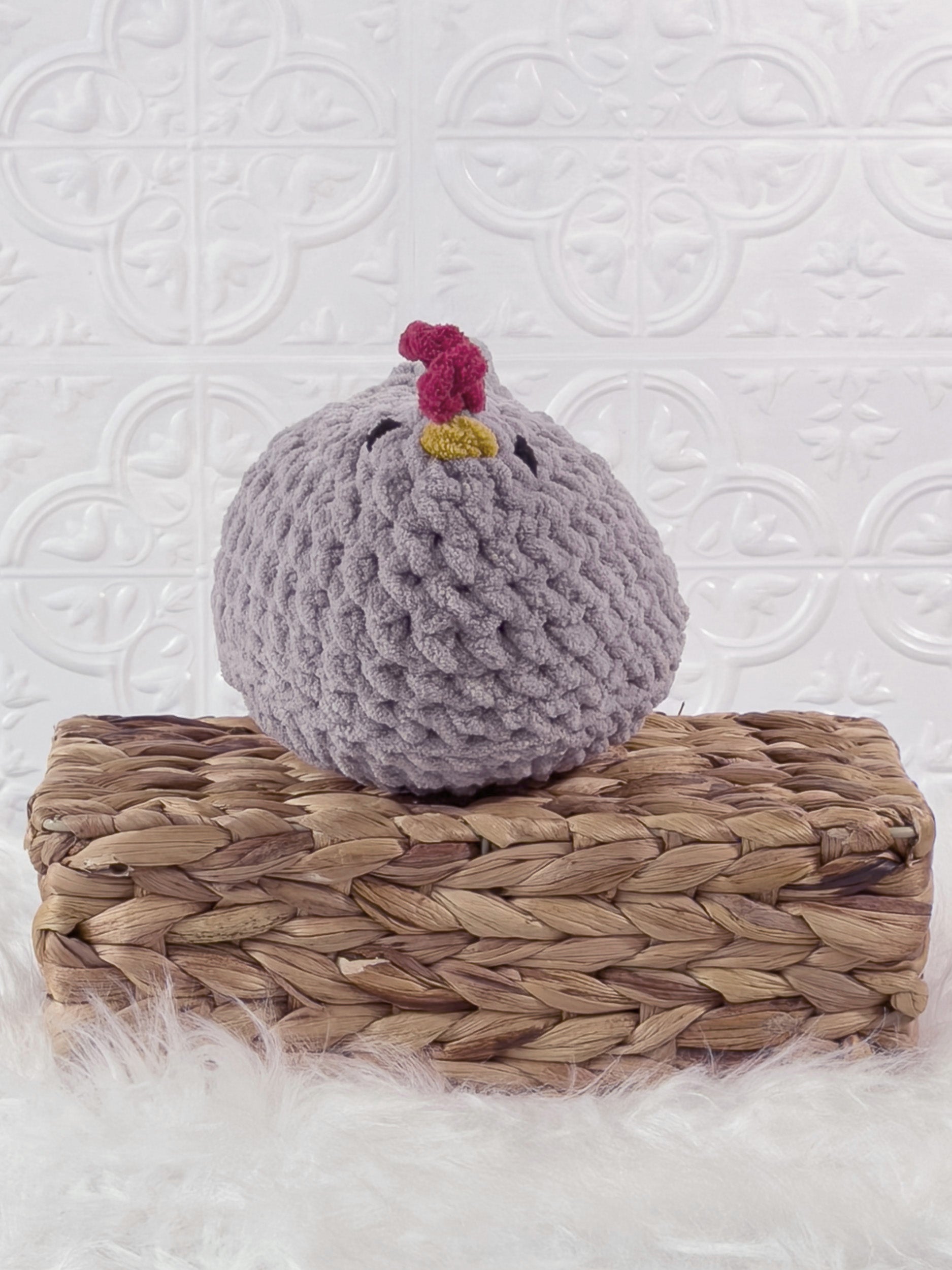 Handmade grey chicken crochet plushie shown from the front