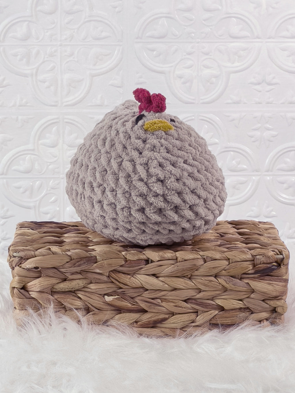 Handmade grey chicken crochet plushie shown from the front
