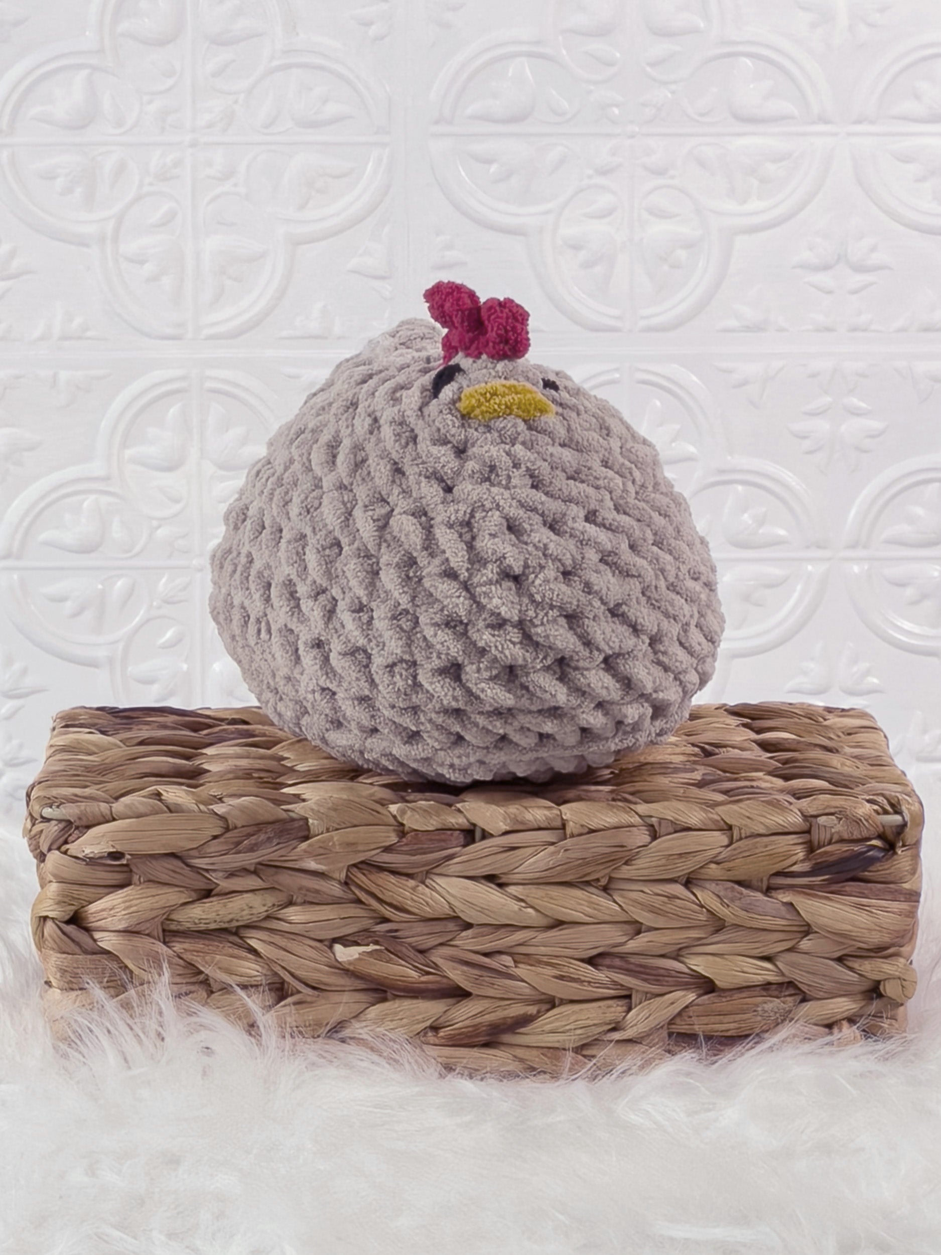 Handmade grey chicken crochet plushie shown from the front