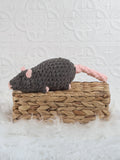 Handmade grey rat crochet plushie with rounded ears and a long soft body