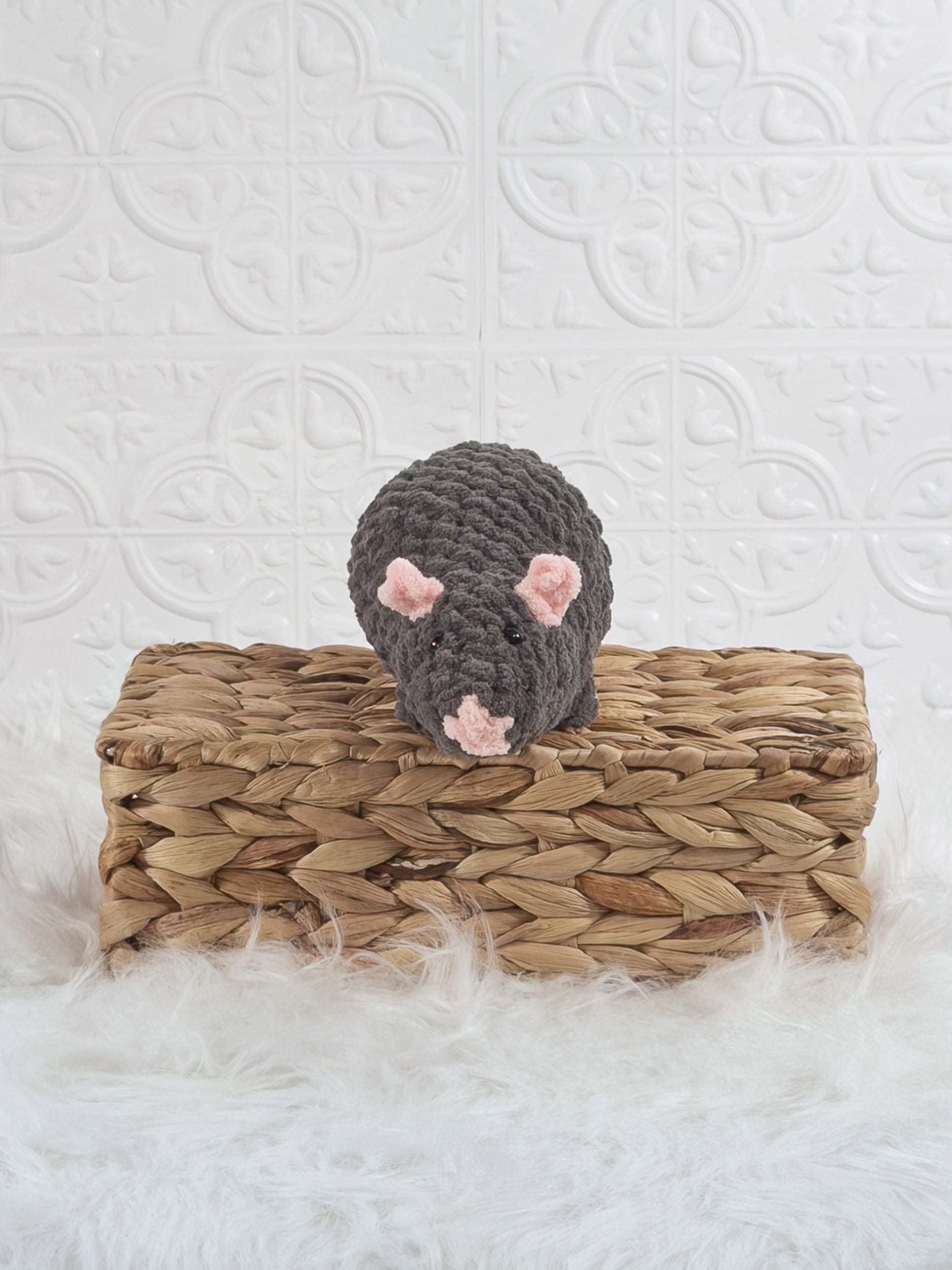 Handmade grey rat crochet plushie shown from the front