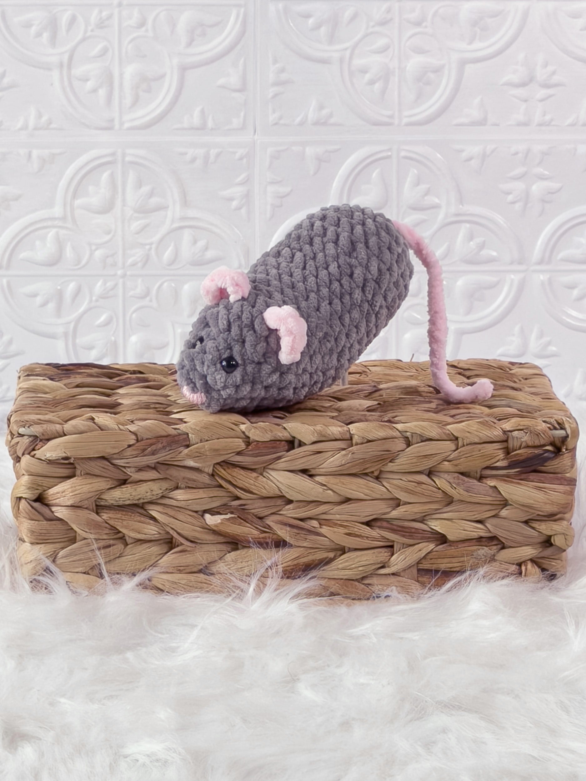 Handmade mouse crochet plushie shown from the front