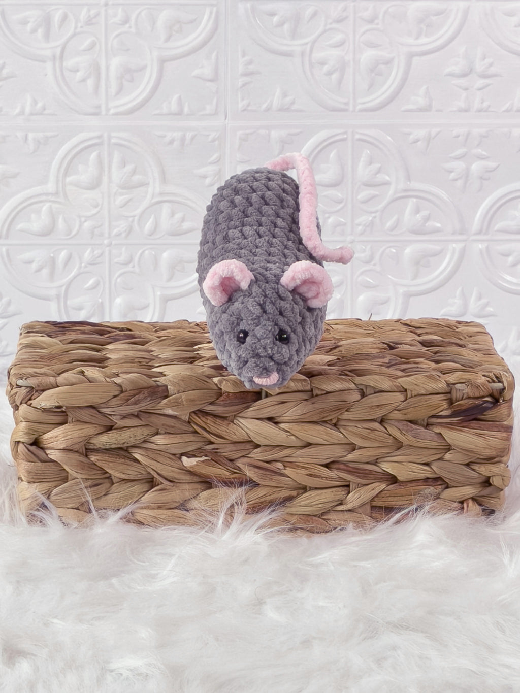 Handmade grey, dark mouse crochet plushie shown from the front