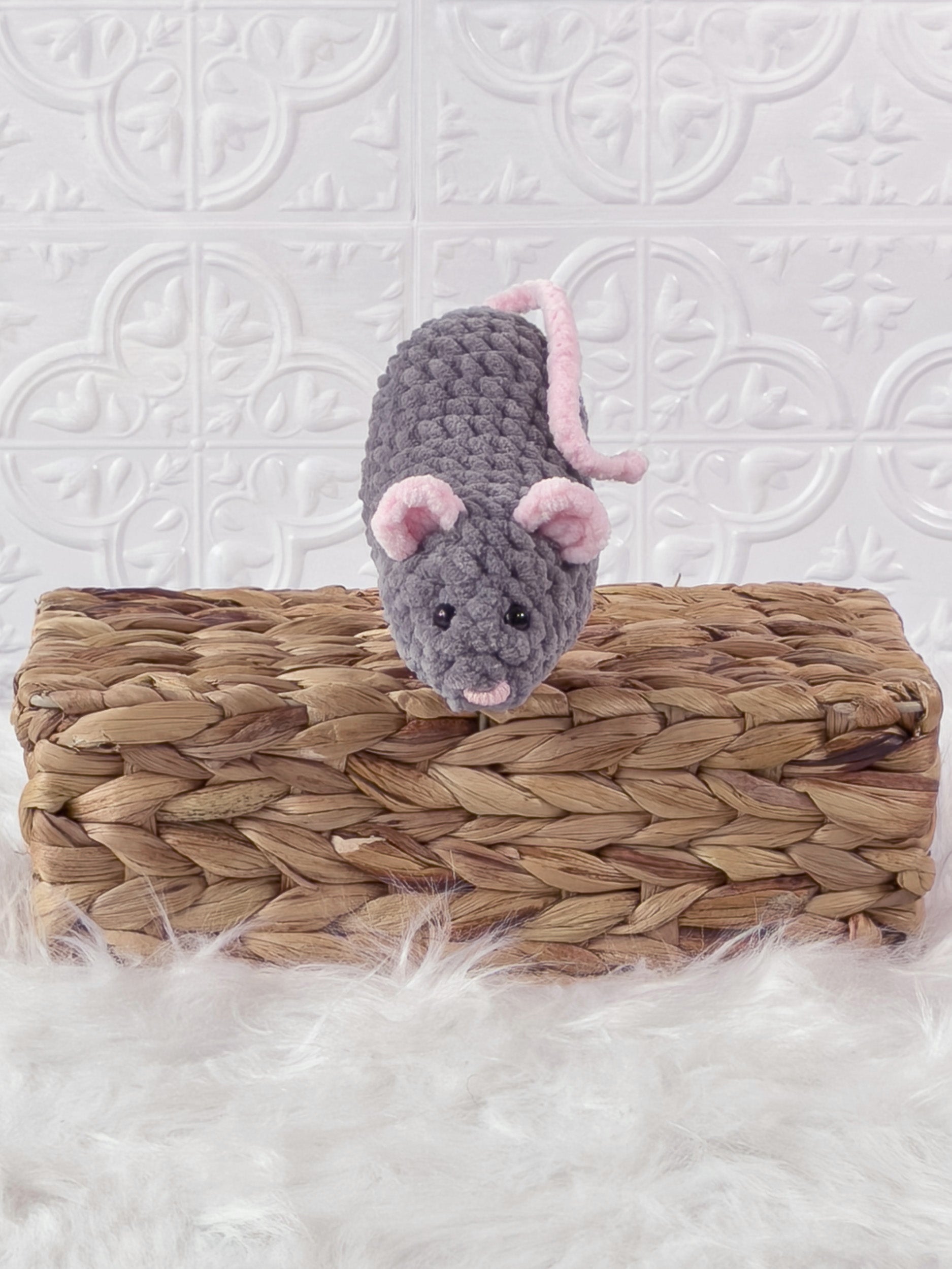 Handmade grey, dark mouse crochet plushie shown from the front