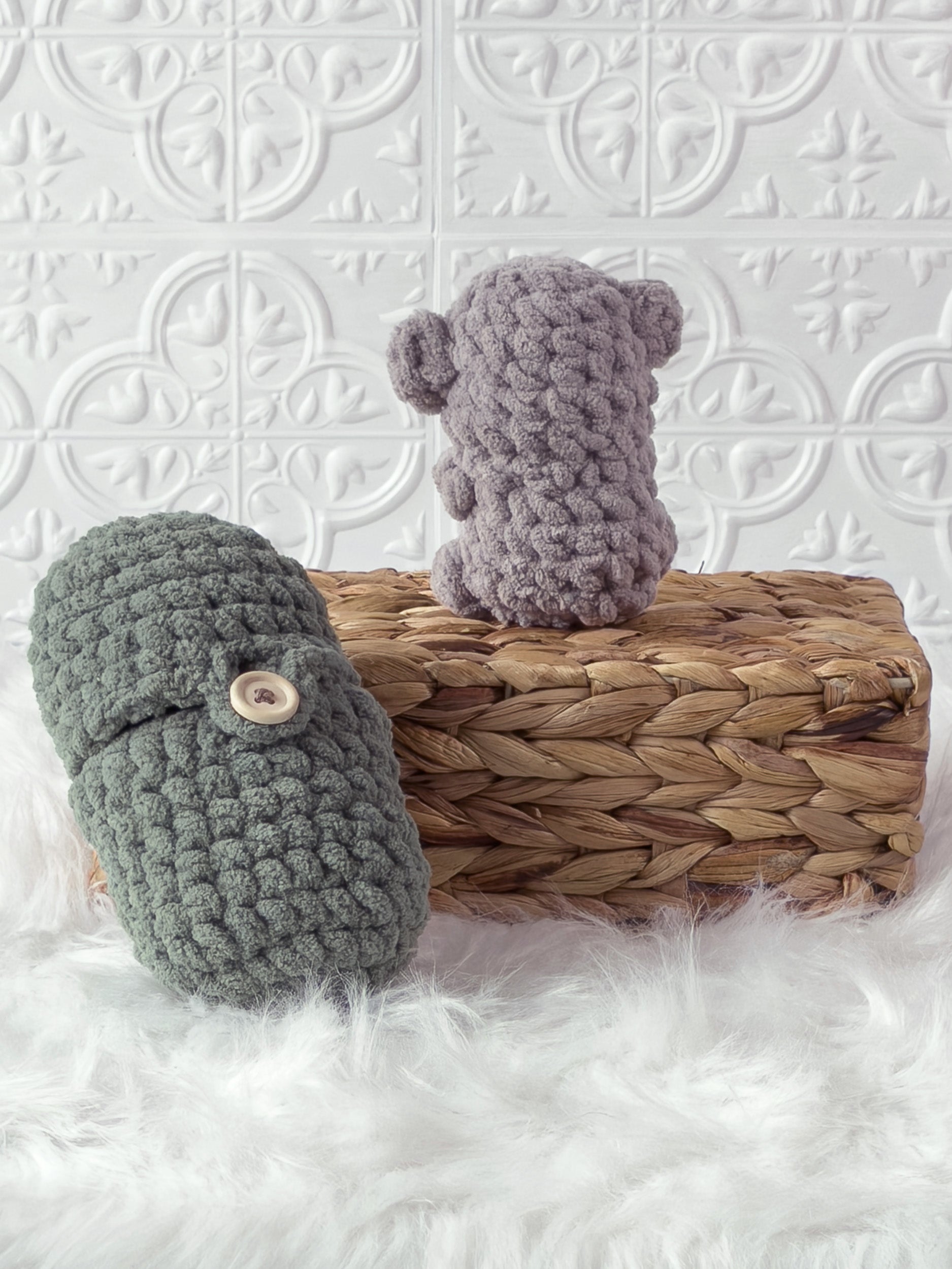 Handmade grey, green peek a boo koala in avocado crochet plushie shown from the back