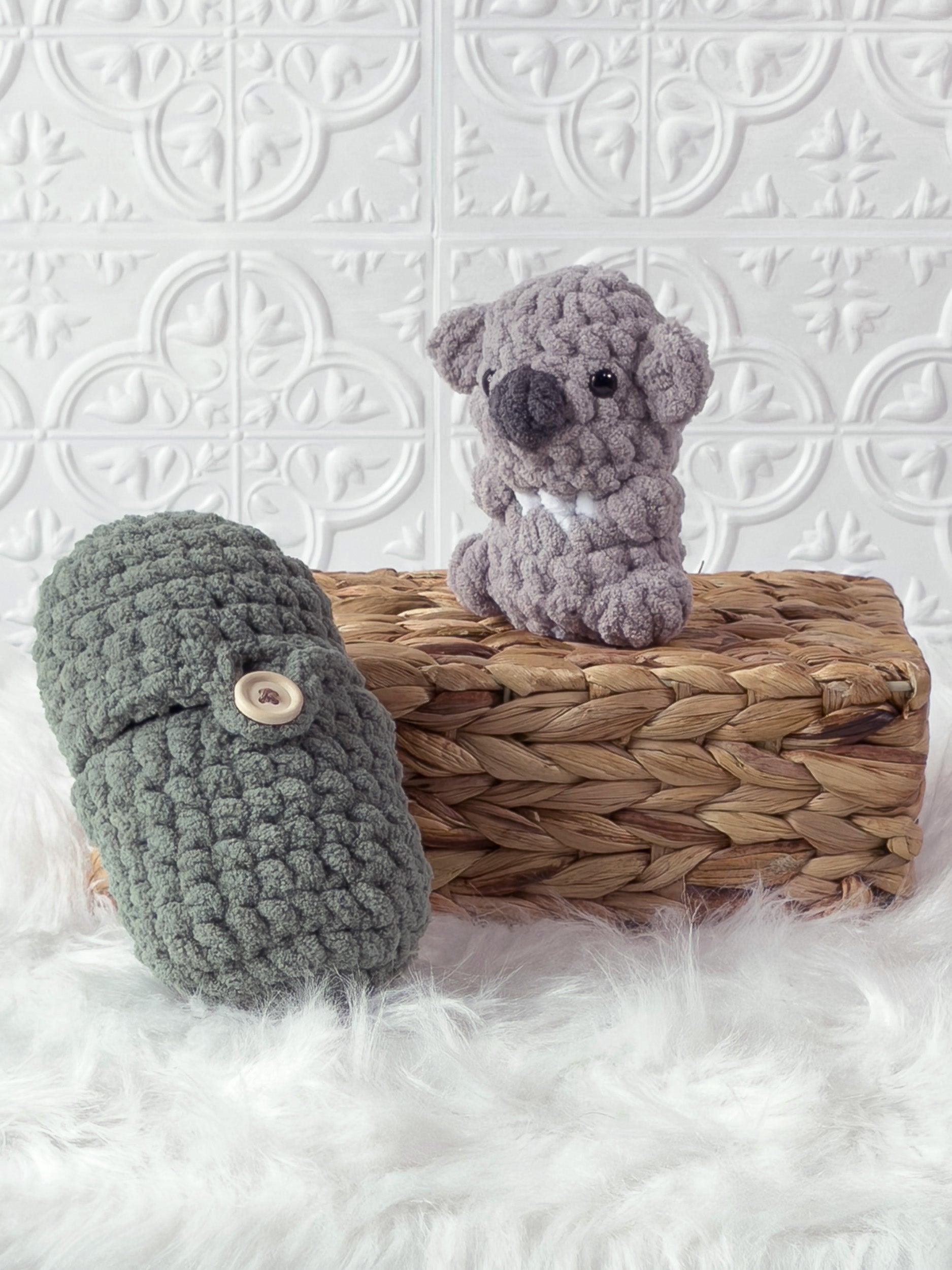 Handmade peek-a-boo koala crochet plushie inside a crochet avocado