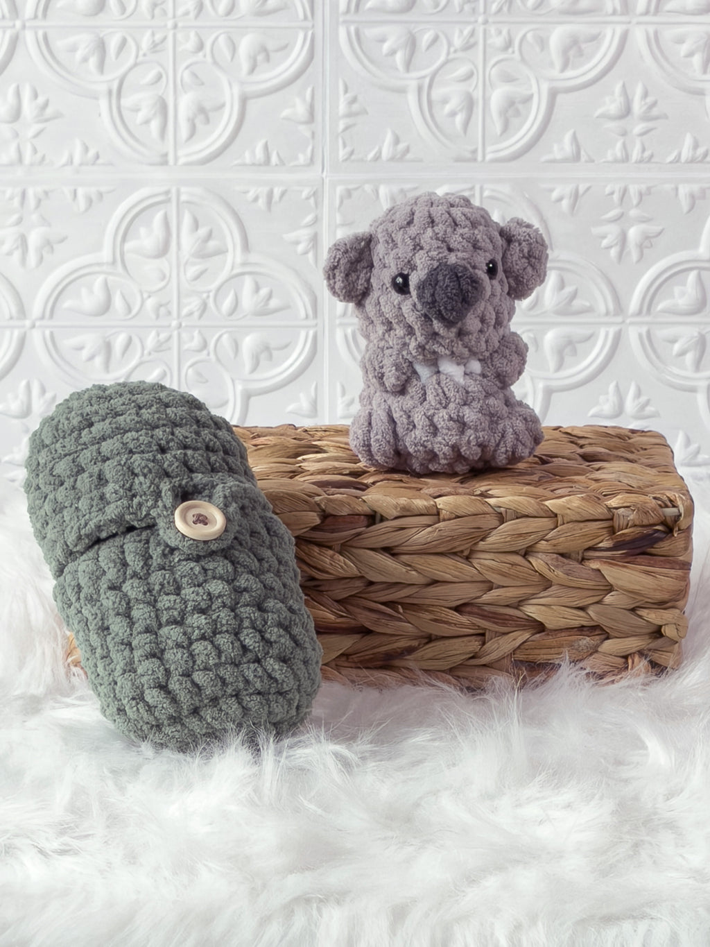 Handmade grey, green peek a boo koala in avocado crochet plushie shown from the front