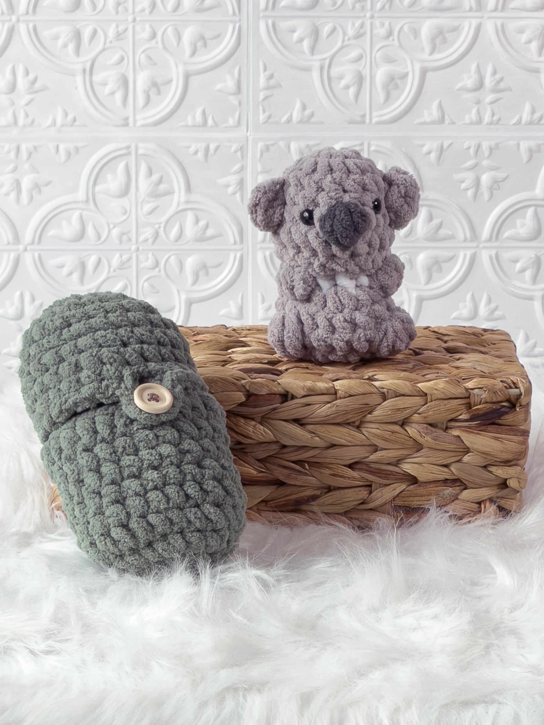 Handmade grey, green peek a boo koala in avocado crochet plushie shown from the front