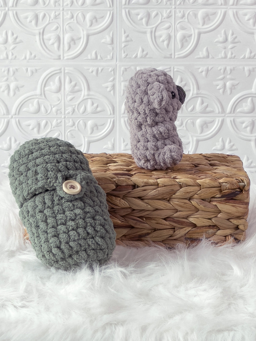 Handmade grey, green peek a boo koala in avocado crochet plushie shown from the side