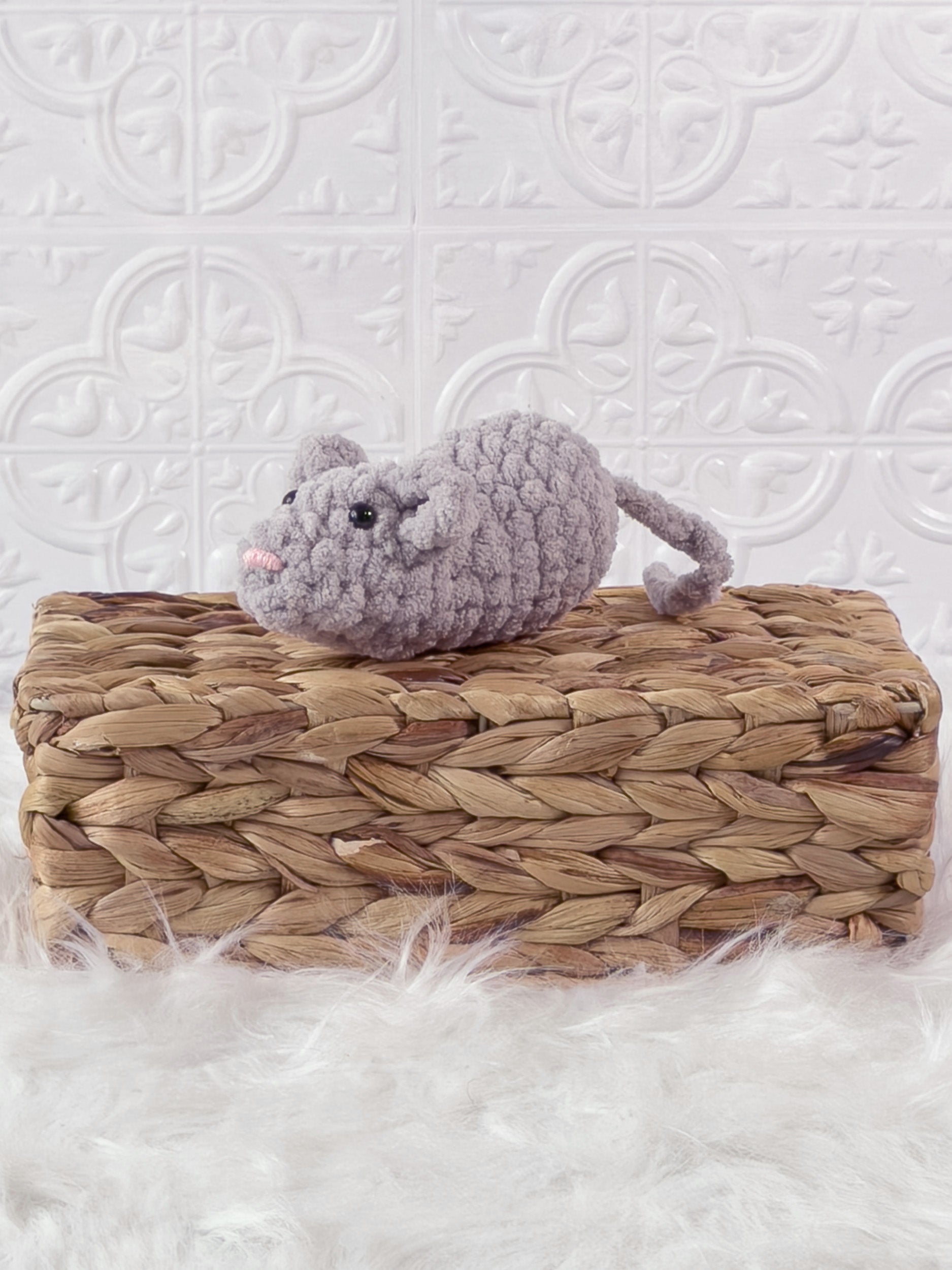 Handmade mouse crochet plushie shown from the front