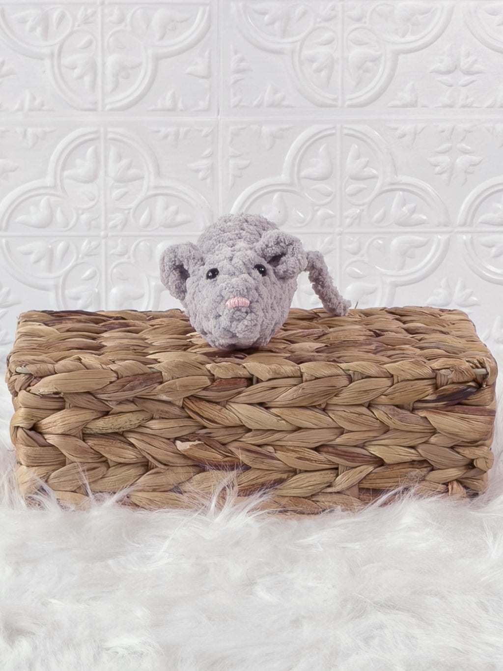 Handmade grey, light mouse crochet plushie shown from the front