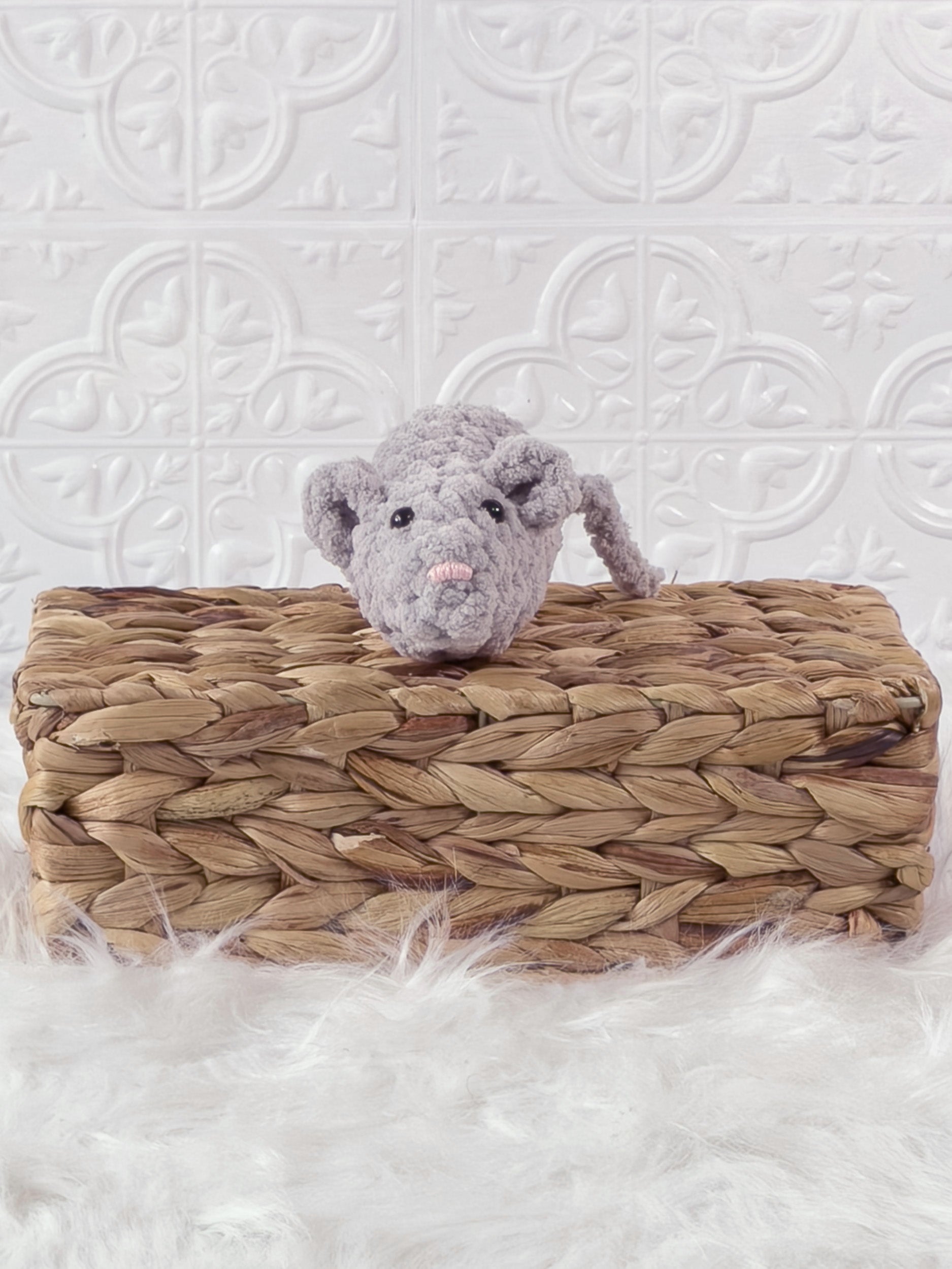 Handmade grey, light mouse crochet plushie shown from the front