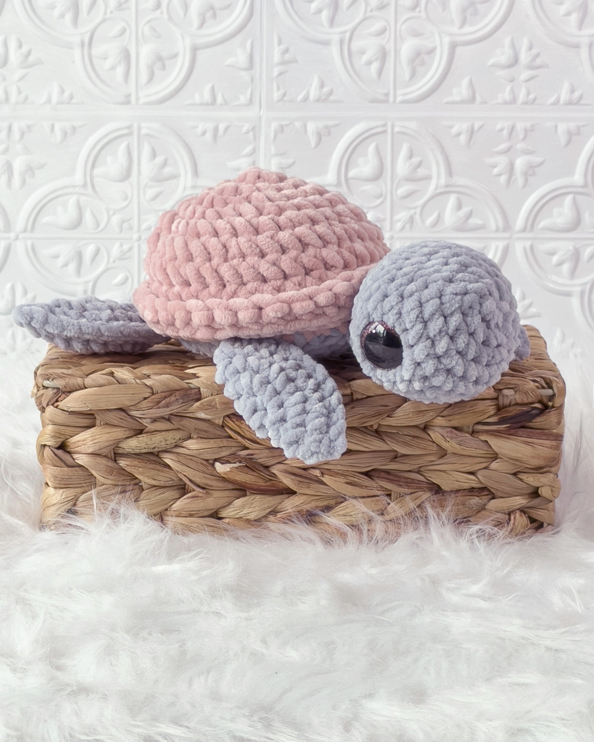 Handmade turtle crochet plushie shown from the front