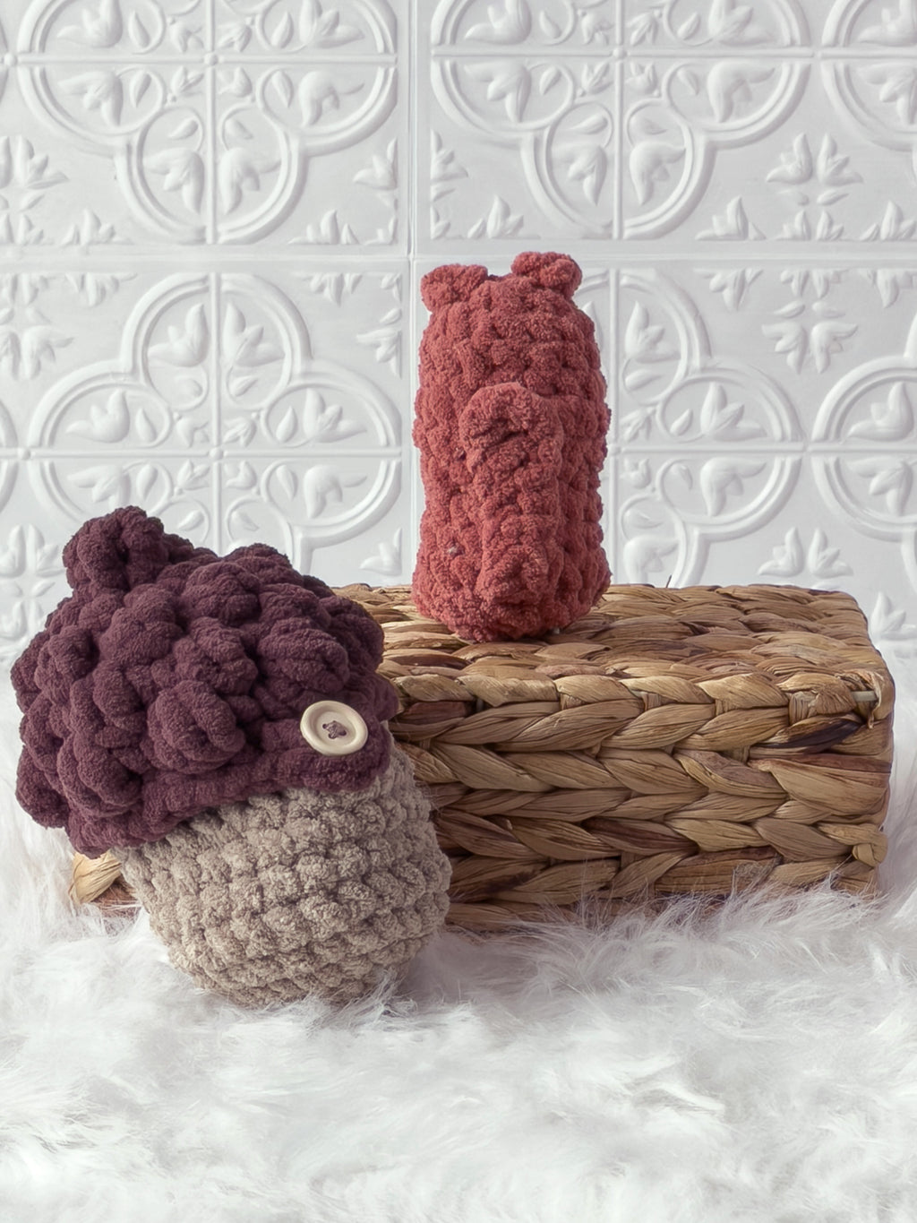 Handmade orange, brown peek a boo squirrel in acorn crochet plushie shown from the back