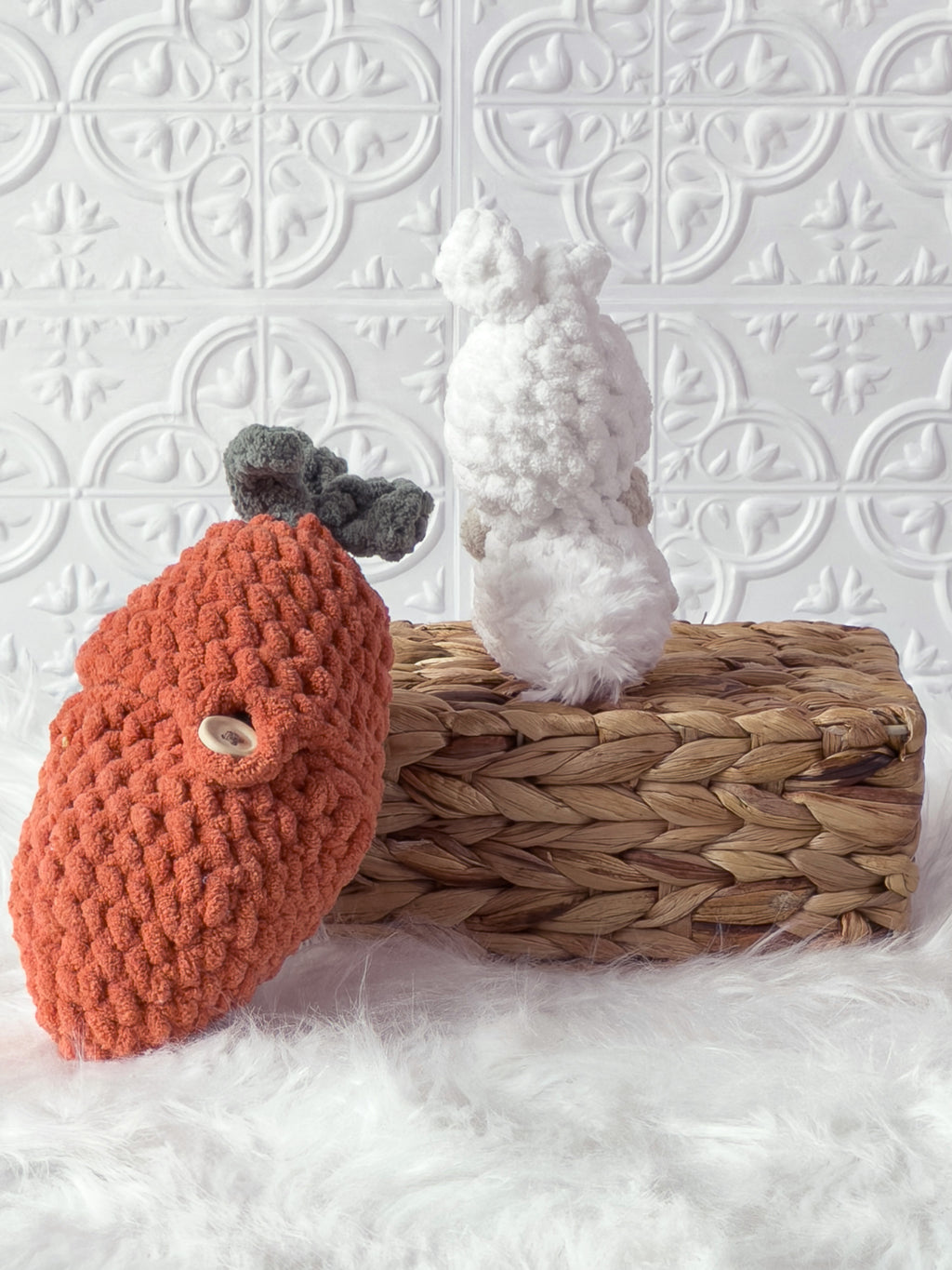 Handmade orange, white peek a boo rabbit in carrot crochet plushie shown from the back