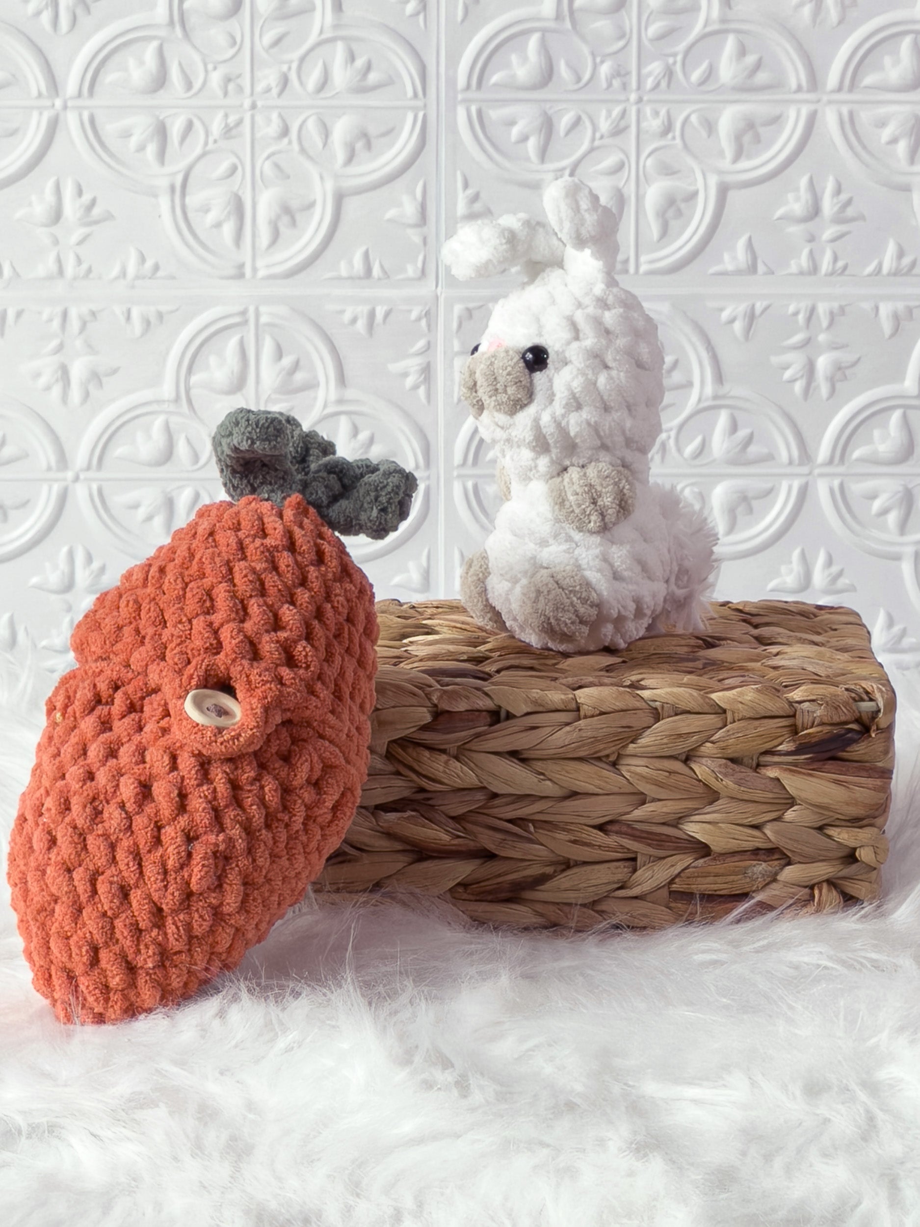 Handmade peek-a-boo rabbit crochet plushie inside a crochet carrot