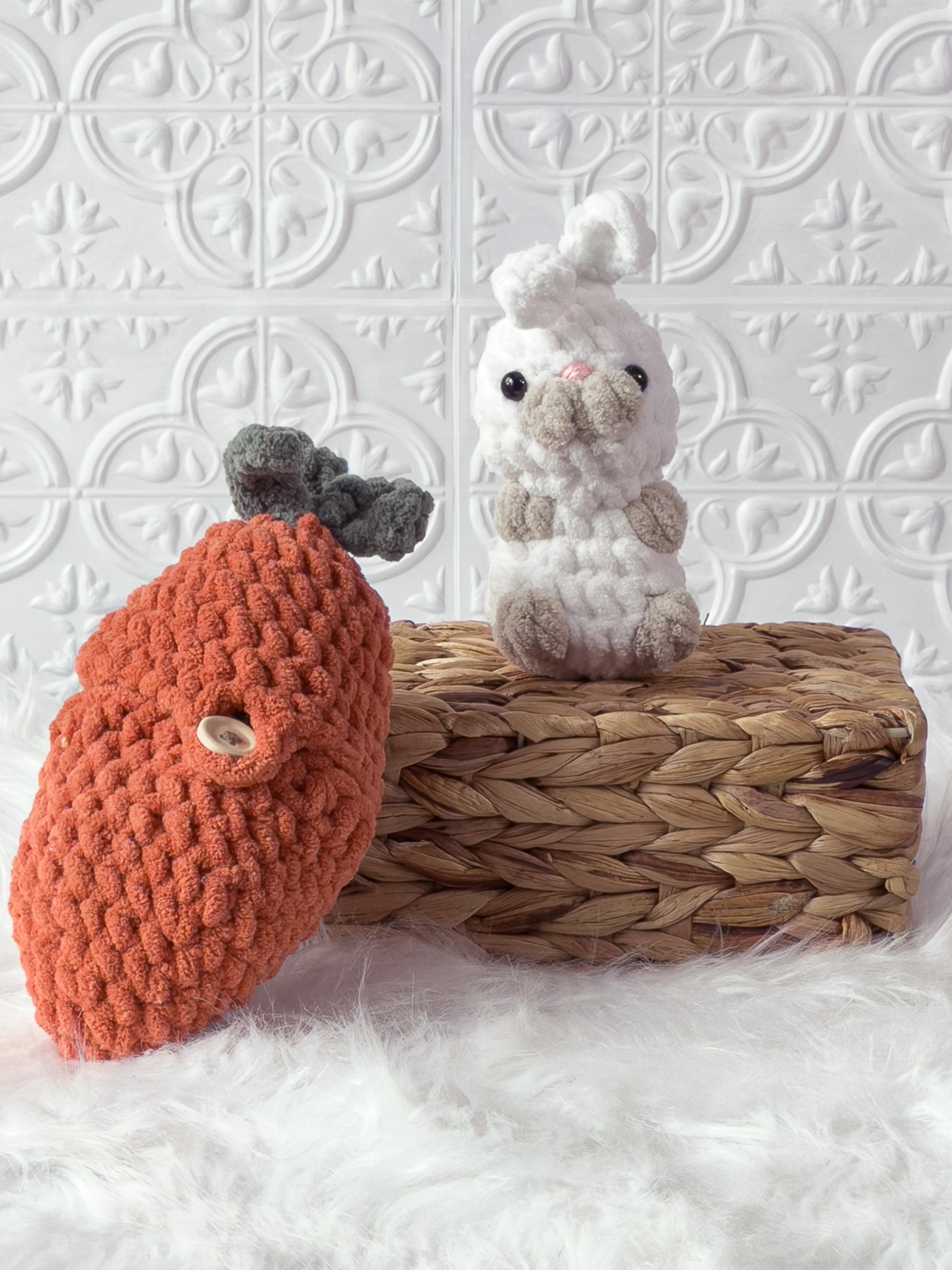 Handmade orange, white peek a boo rabbit in carrot crochet plushie shown from the front