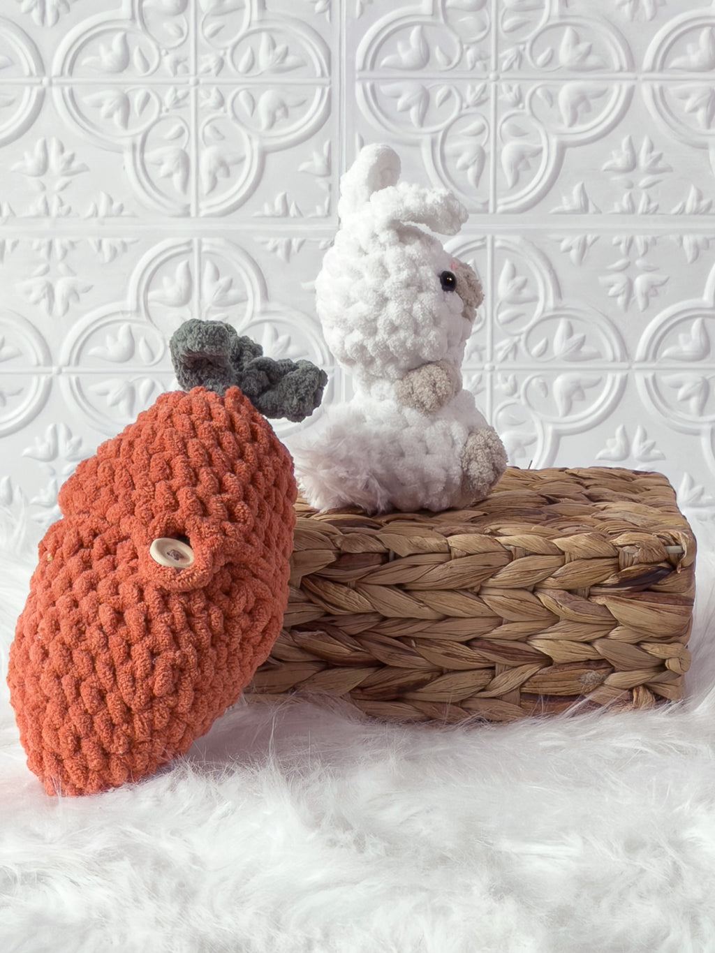 Handmade orange, white peek a boo rabbit in carrot crochet plushie shown from the side