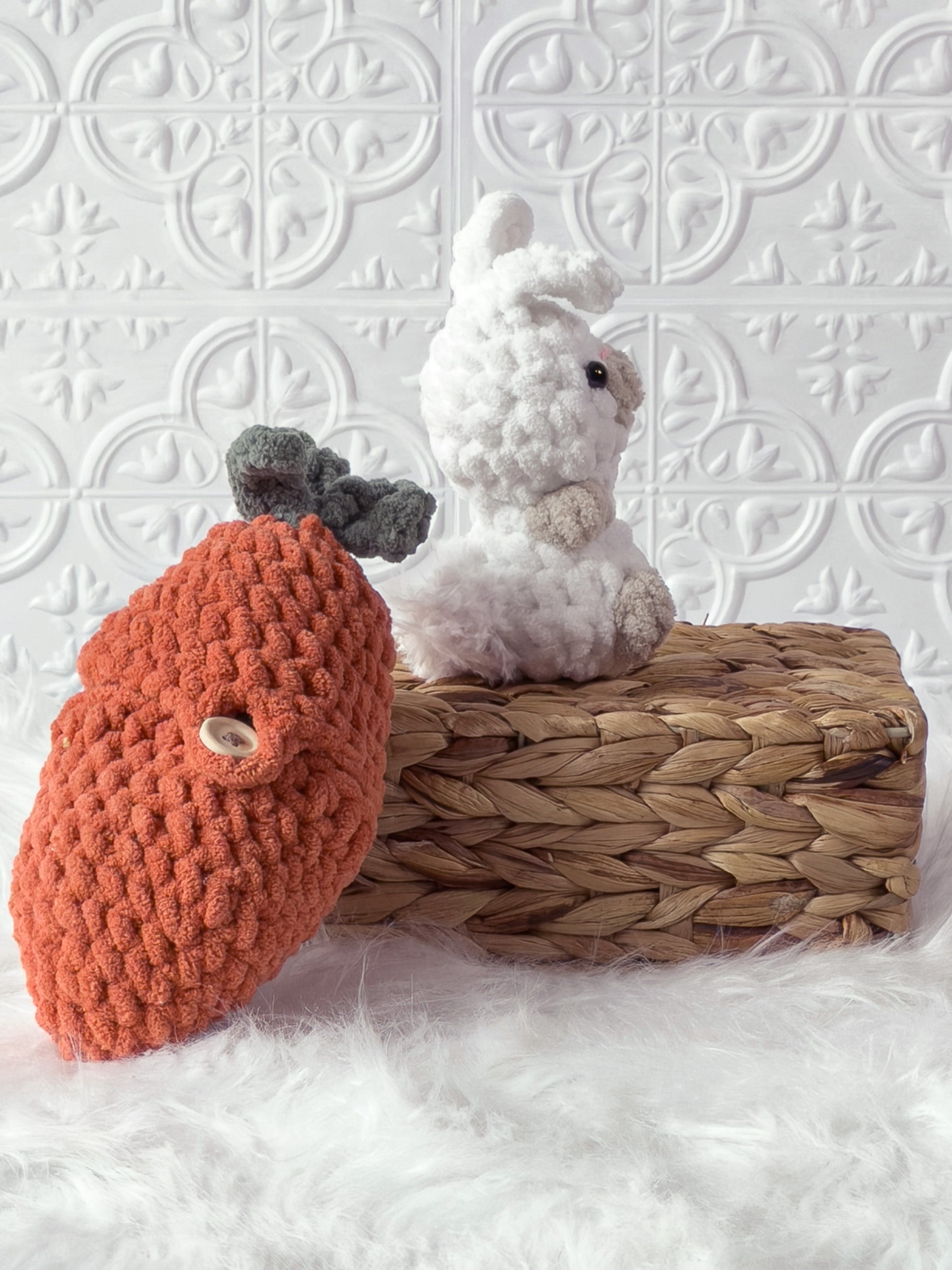 Handmade orange, white peek a boo rabbit in carrot crochet plushie shown from the side