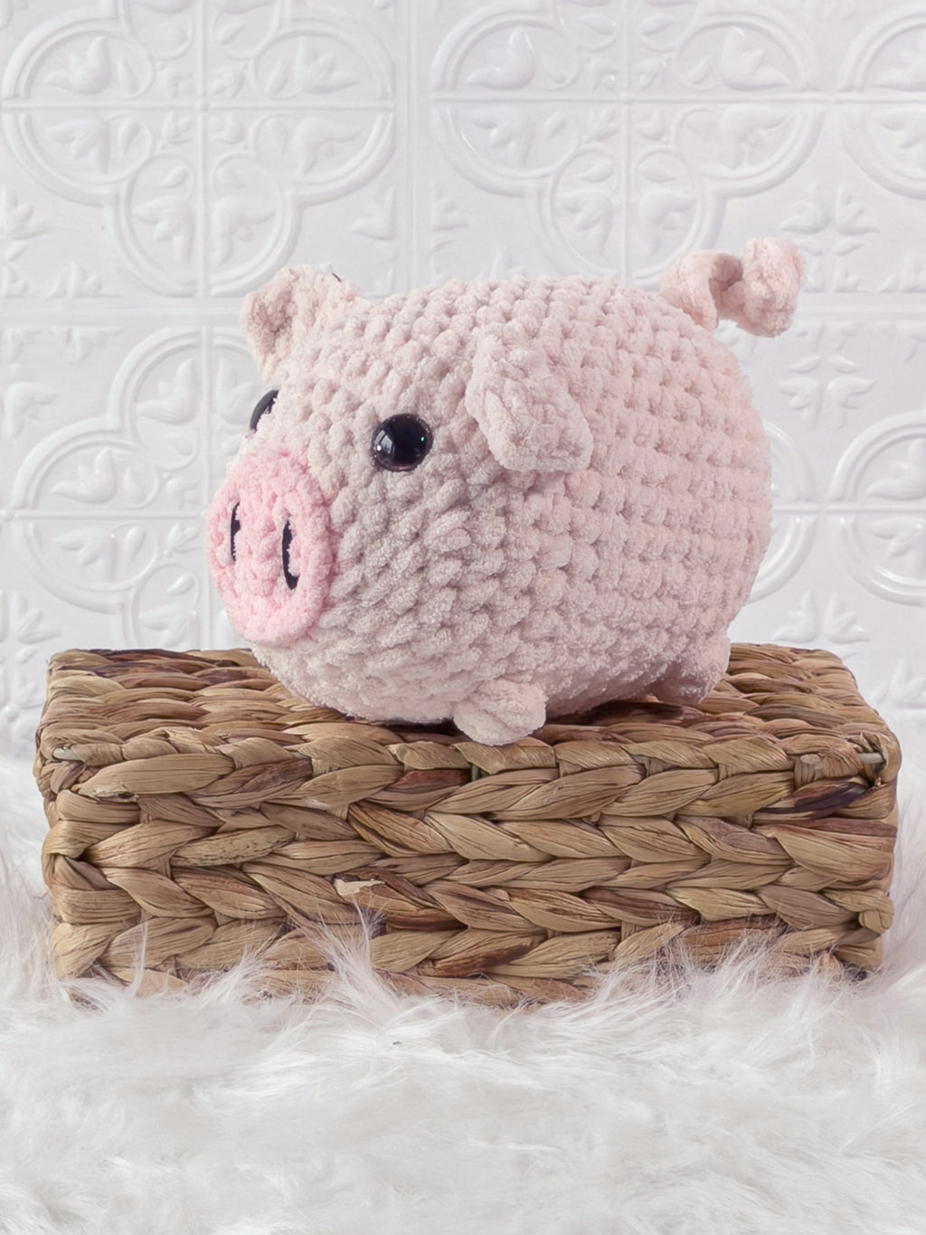 Handmade fat pig crochet plushie with a round chubby body