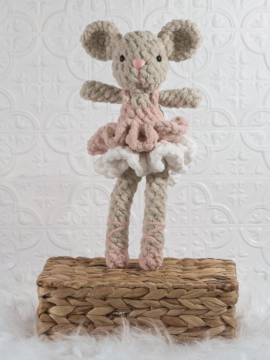 Handmade blue mouse ballerina crochet plushie shown in a product image