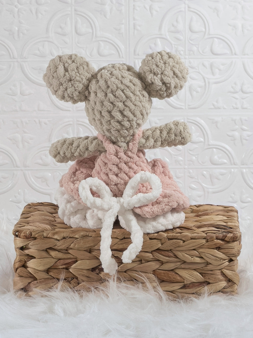 Handmade pink mouse ballerina crochet plushie shown from the back