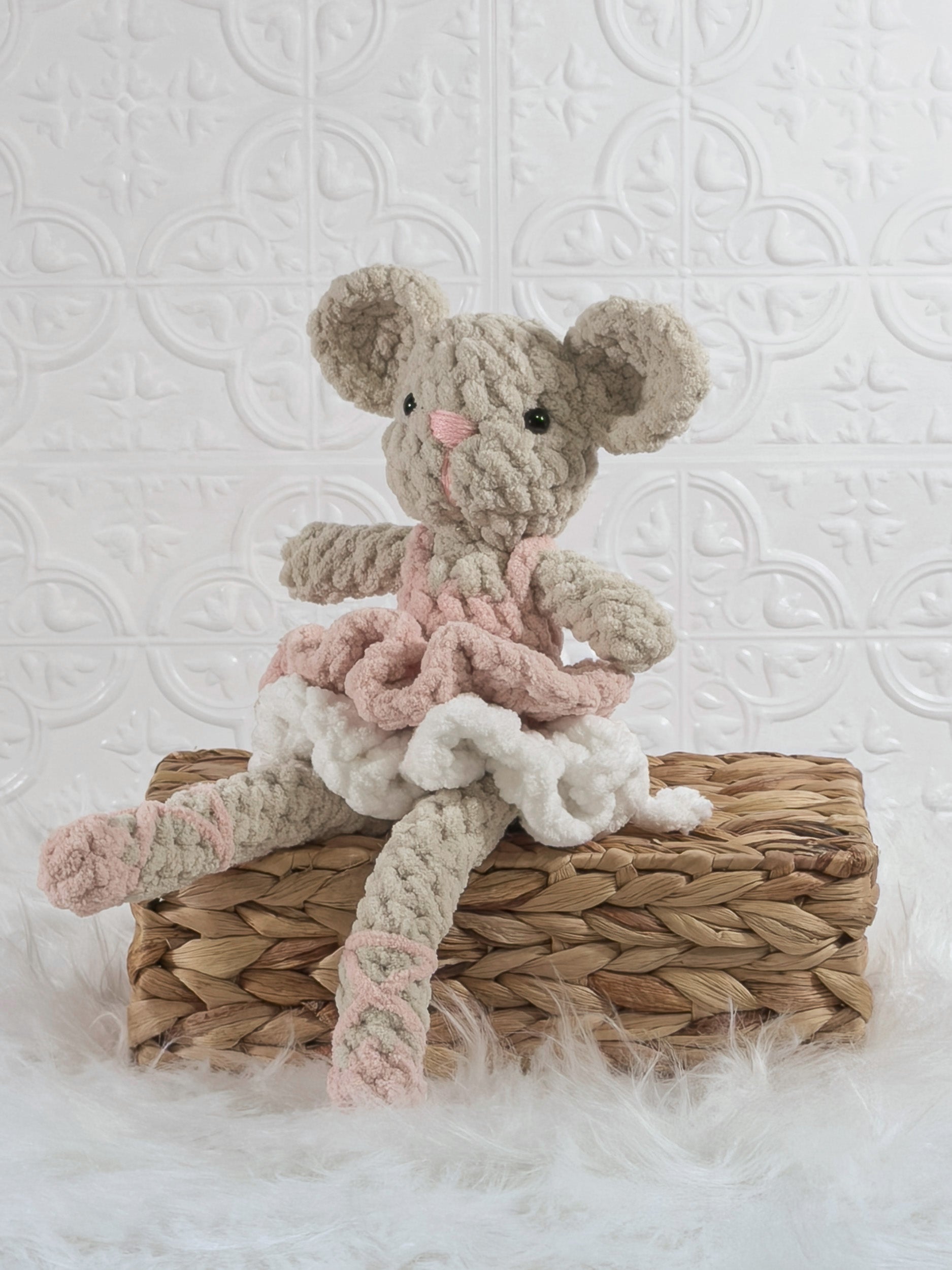 Handmade mouse ballerina crochet plushie wearing a dance-inspired outfit