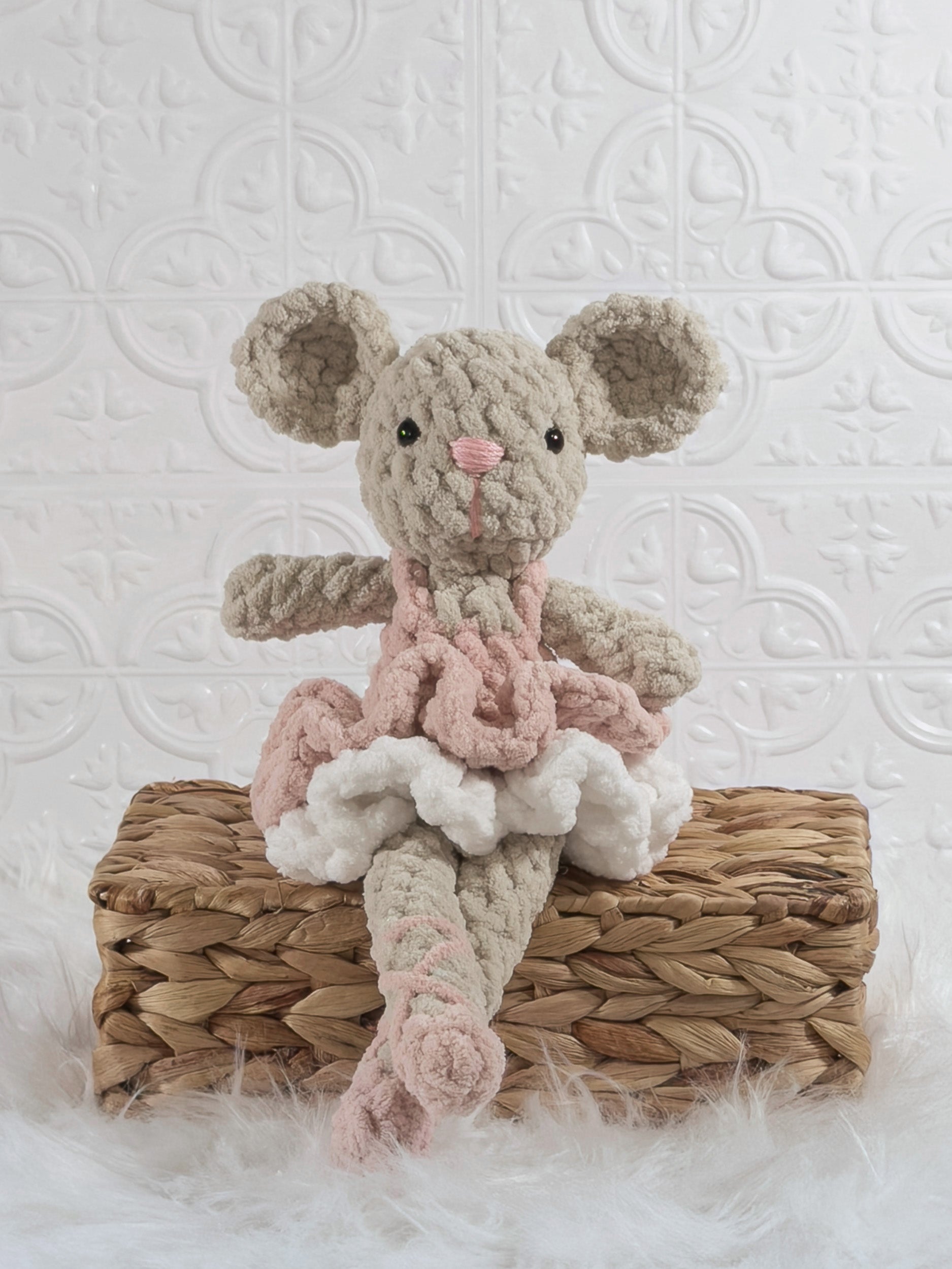 Handmade pink mouse ballerina crochet plushie shown from the front