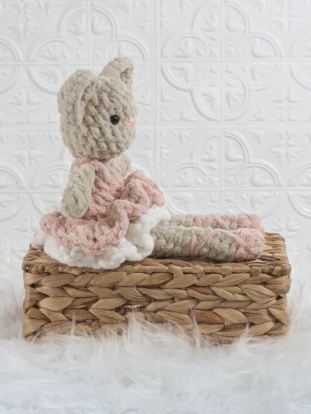 Handmade pink mouse ballerina crochet plushie shown from the side