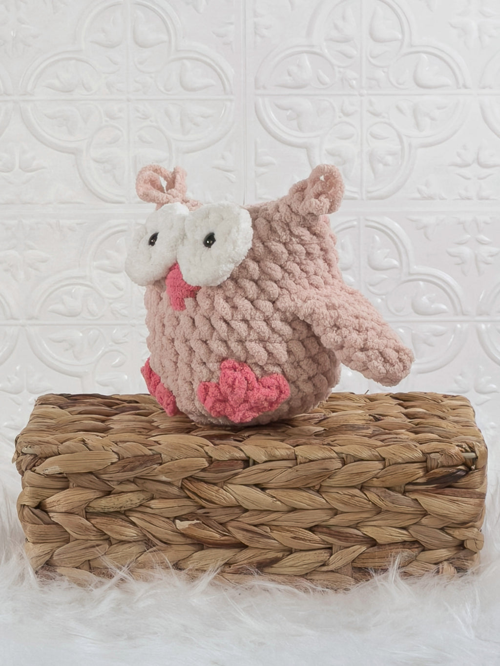 Handmade owl crochet plushie shown from the front
