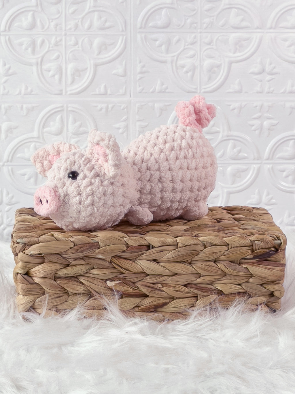 Handmade pig crochet plushie shown from the front